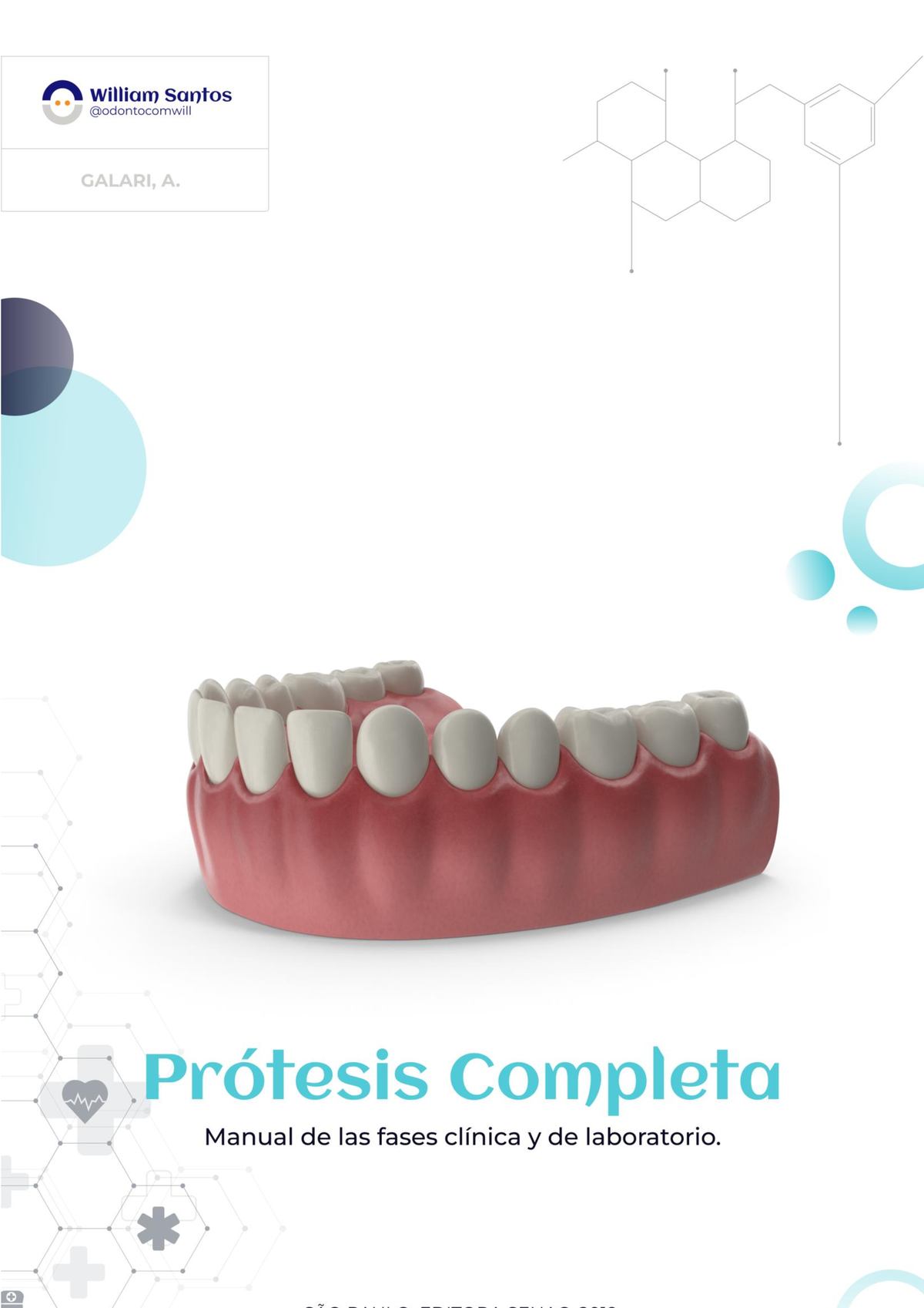 Modelo médico de la mandíbula con dientes postizos en un alfiler sobre  fondo azul.