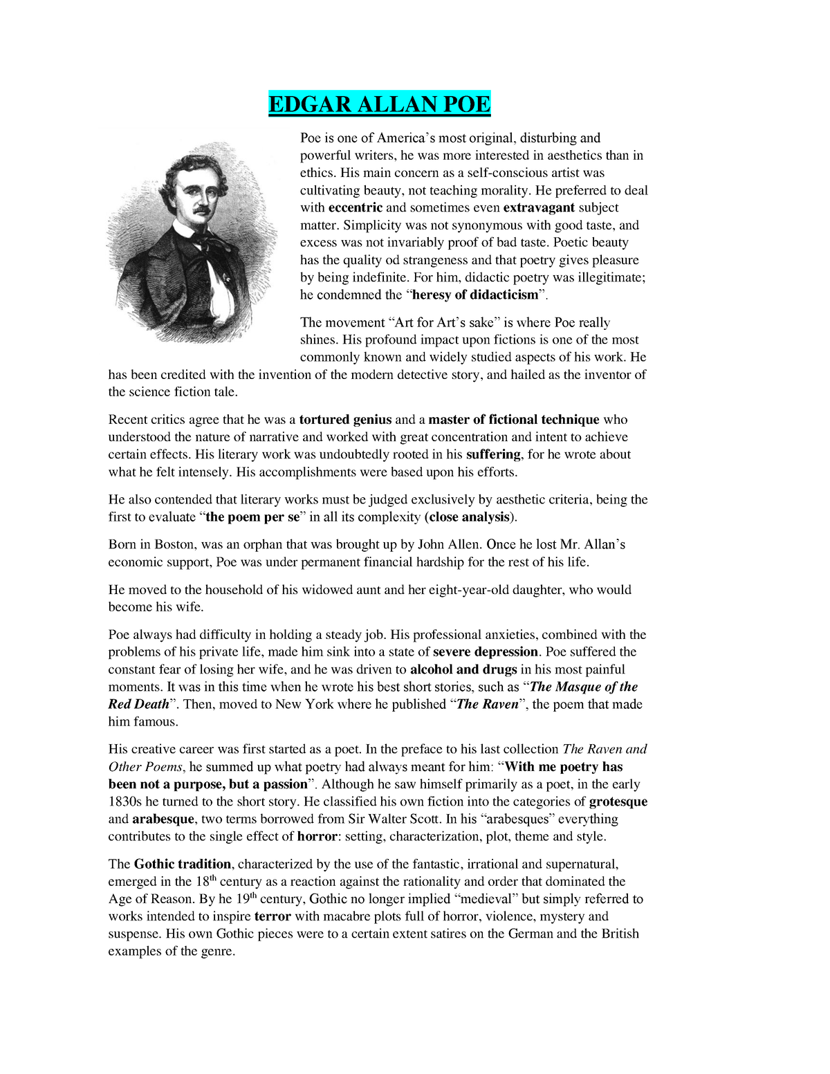 Edgar Allan POE - Summary and exploratory questions related to the ...