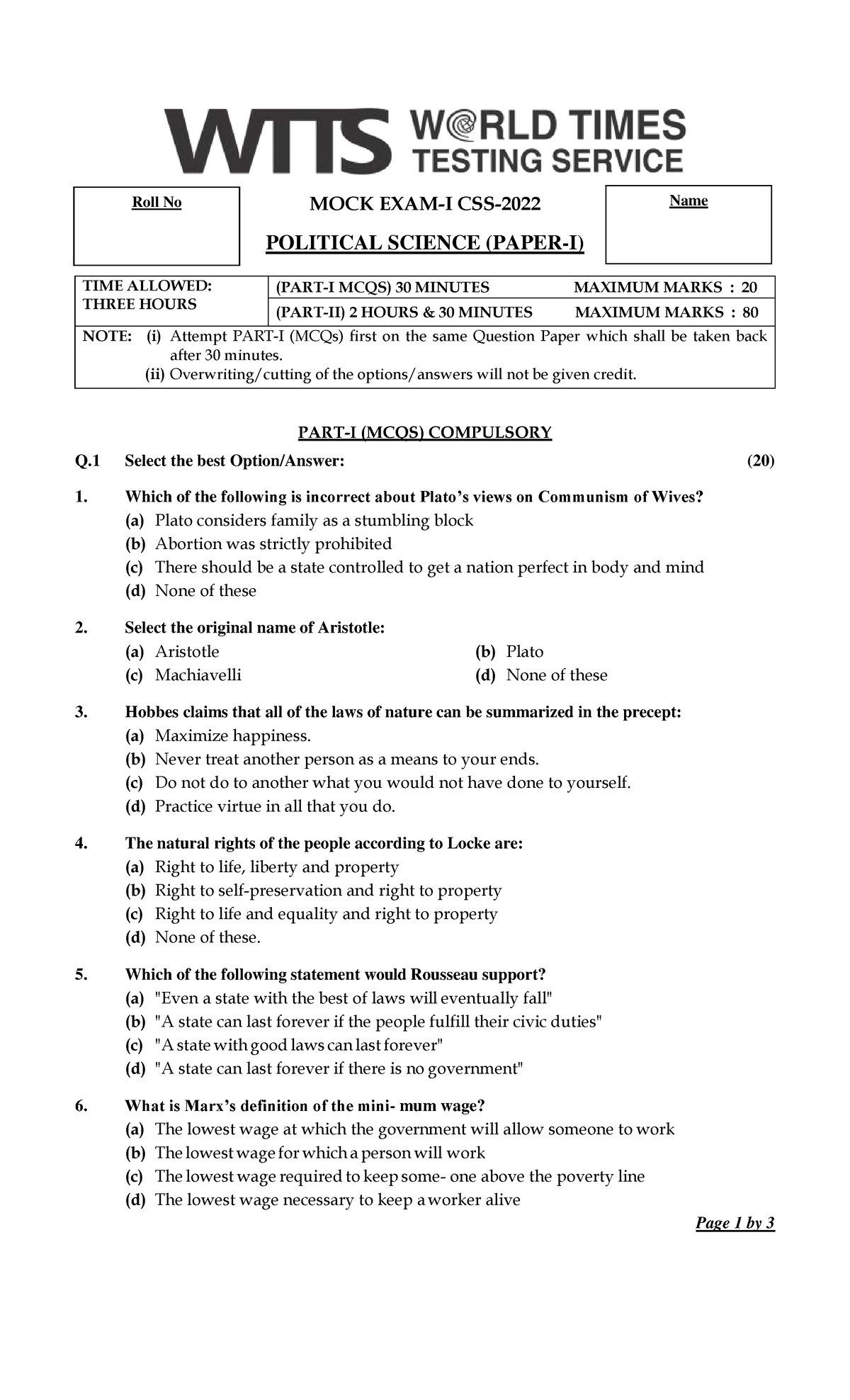 01- Political Science Mock I - MOCK EXAM-I CSS- POLITICAL SCIENCE ...