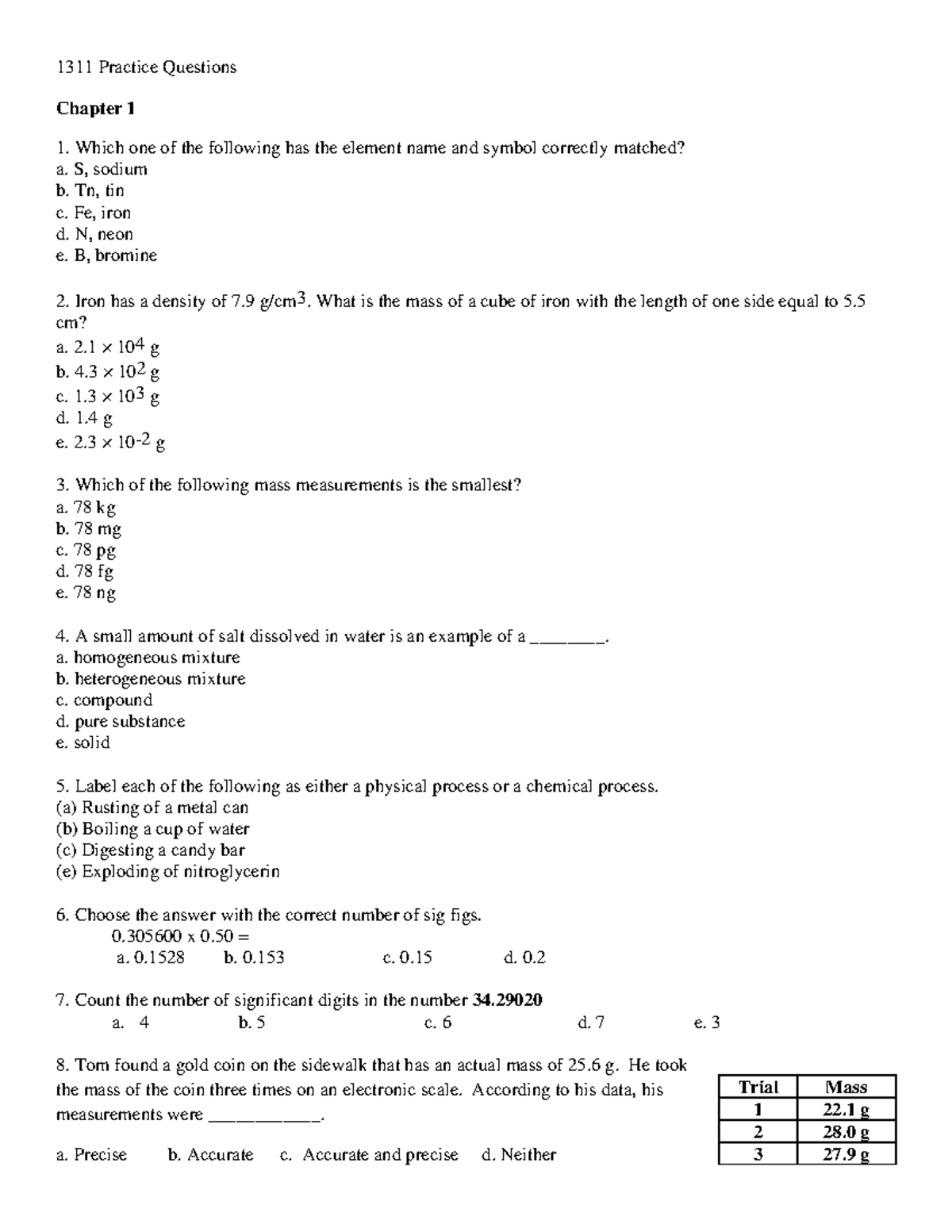 1311 Worksheet-chp 1 - 1311 Practice Questions Chapter 1 Which One Of ...