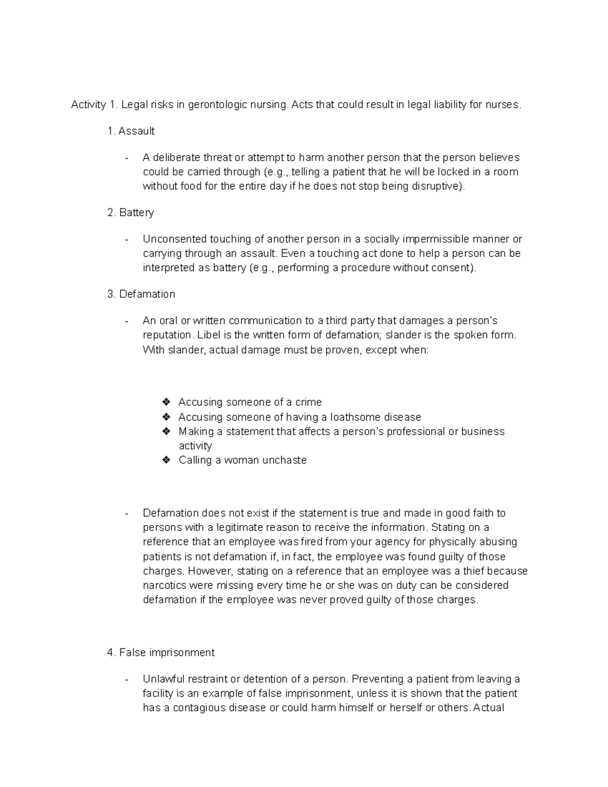 Legal RISK - Activity 1. Legal risks in gerontologic nursing. Acts that ...