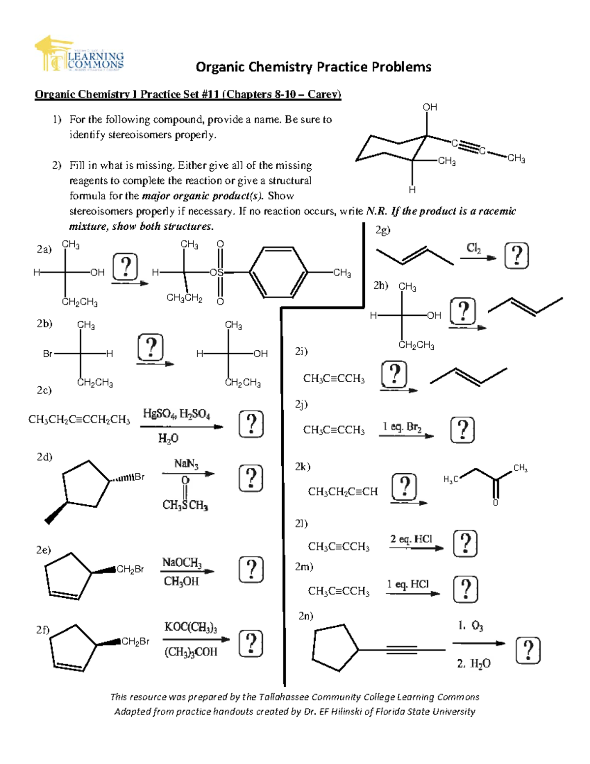 Organic Practice Set 11 Chapters 8 10 - Organic Chemistry Practice ...