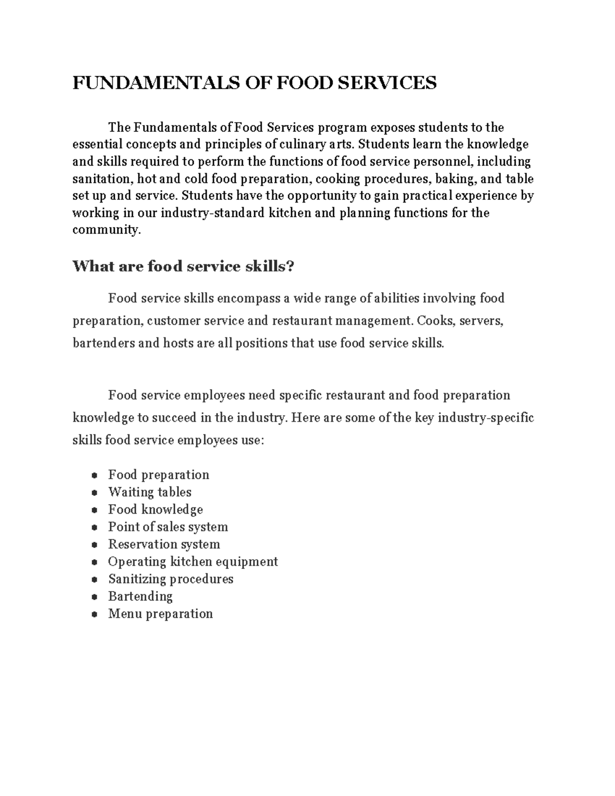 Fundamental food services FUNDAMENTALS OF FOOD SERVICES The