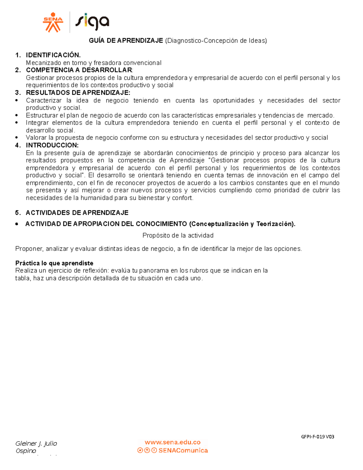 Guia No. 1 Diagnostico Emprendimiento - GuÍa De Aprendizaje 