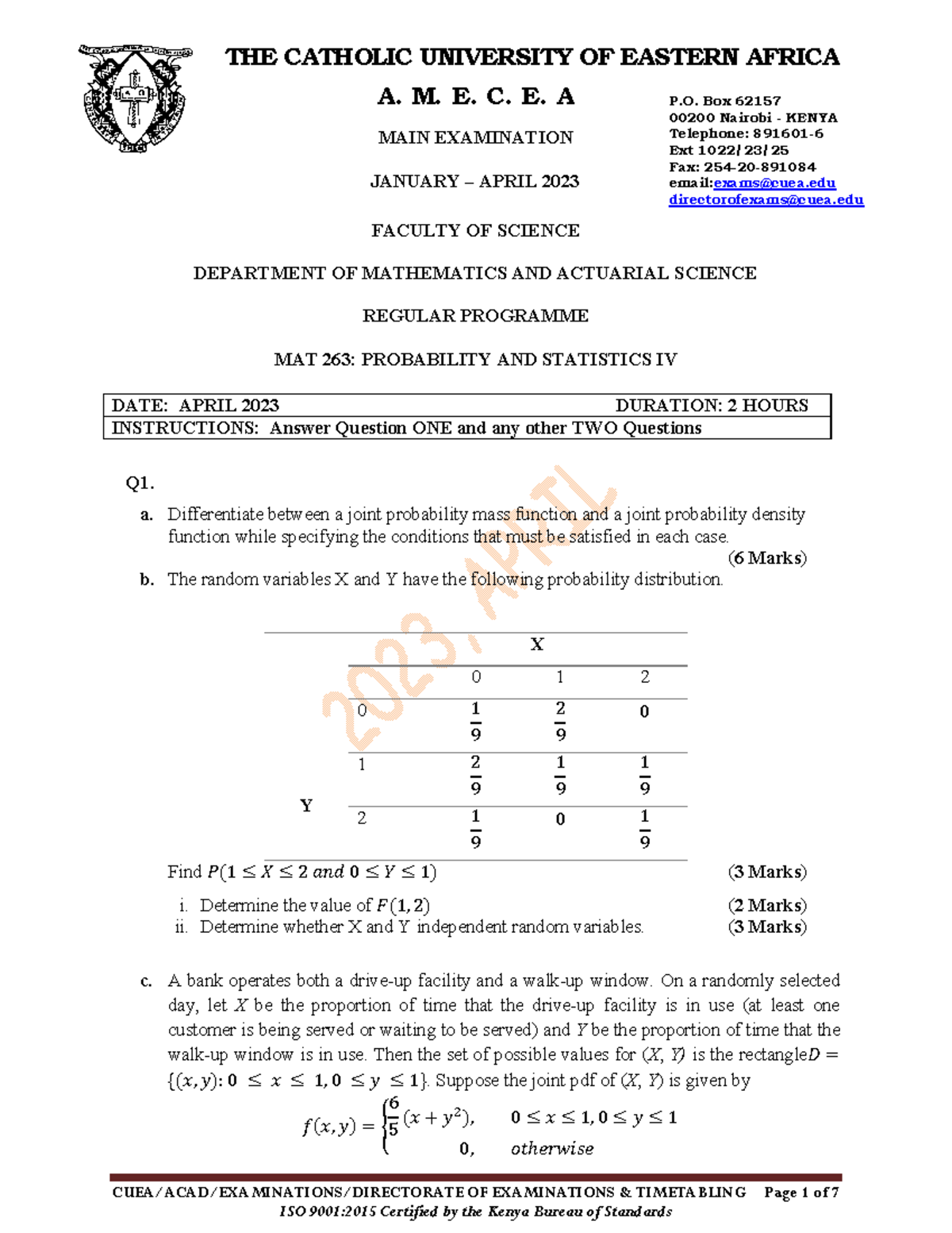 MAT 263 - CUEA/ACAD/EXAMINATIONS/DIRECTORATE OF EXAMINATIONS ...