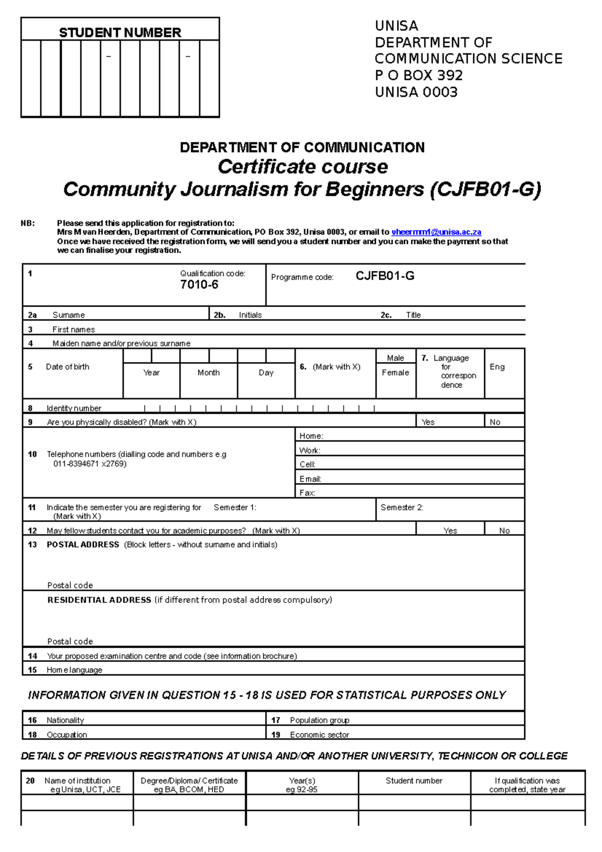 Unisa CAIC Short Course Community Journalism BeginnersRegistration