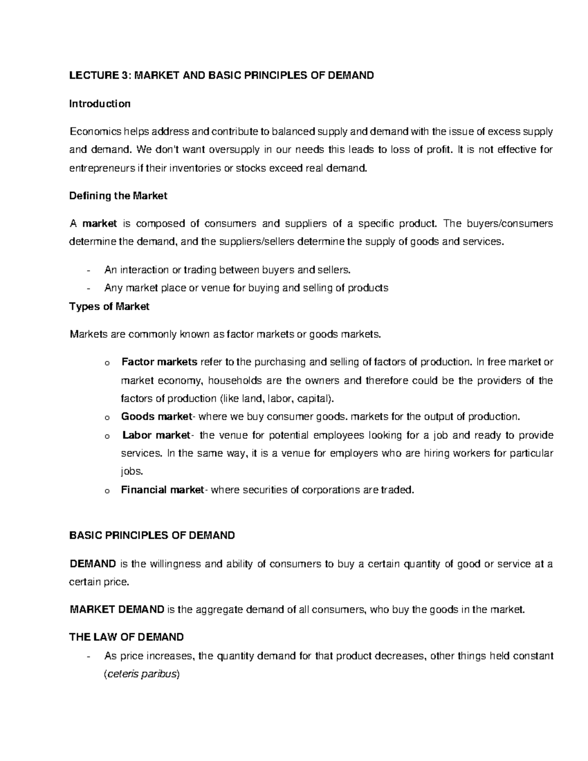 Market and Basic Principles of Demand - LECTURE 3: MARKET AND BASIC ...