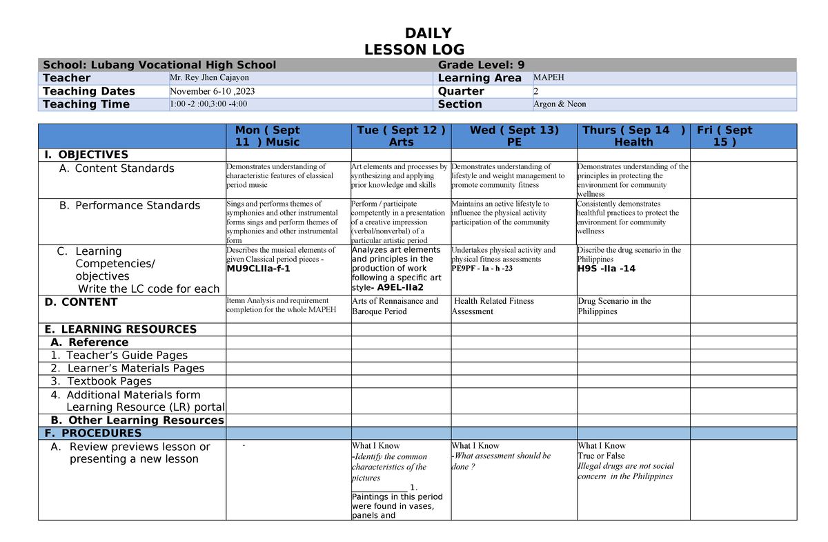 Mapeh 9 Quarter 2 WEEK 1 DAY 1 3 - DAILY LESSON LOG School: Lubang ...