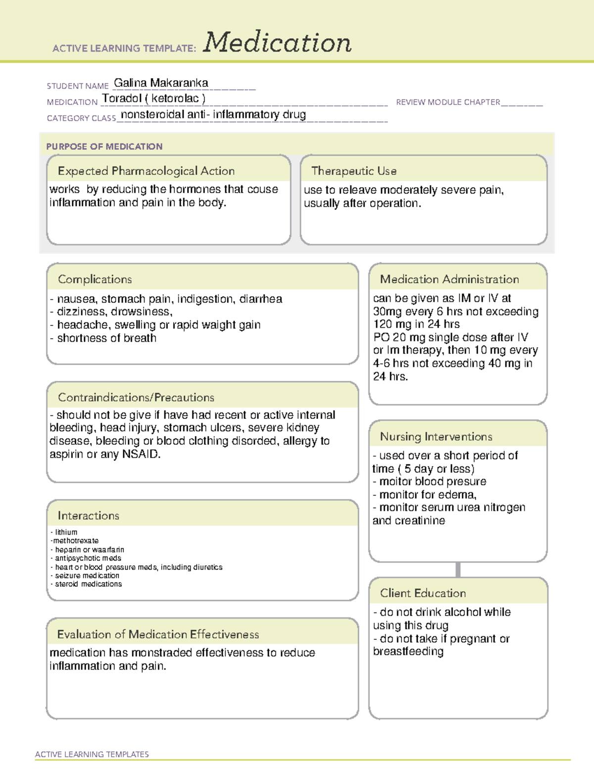 Toradol ( ketorolac ) weekly clinical meds ACTIVE LEARNING