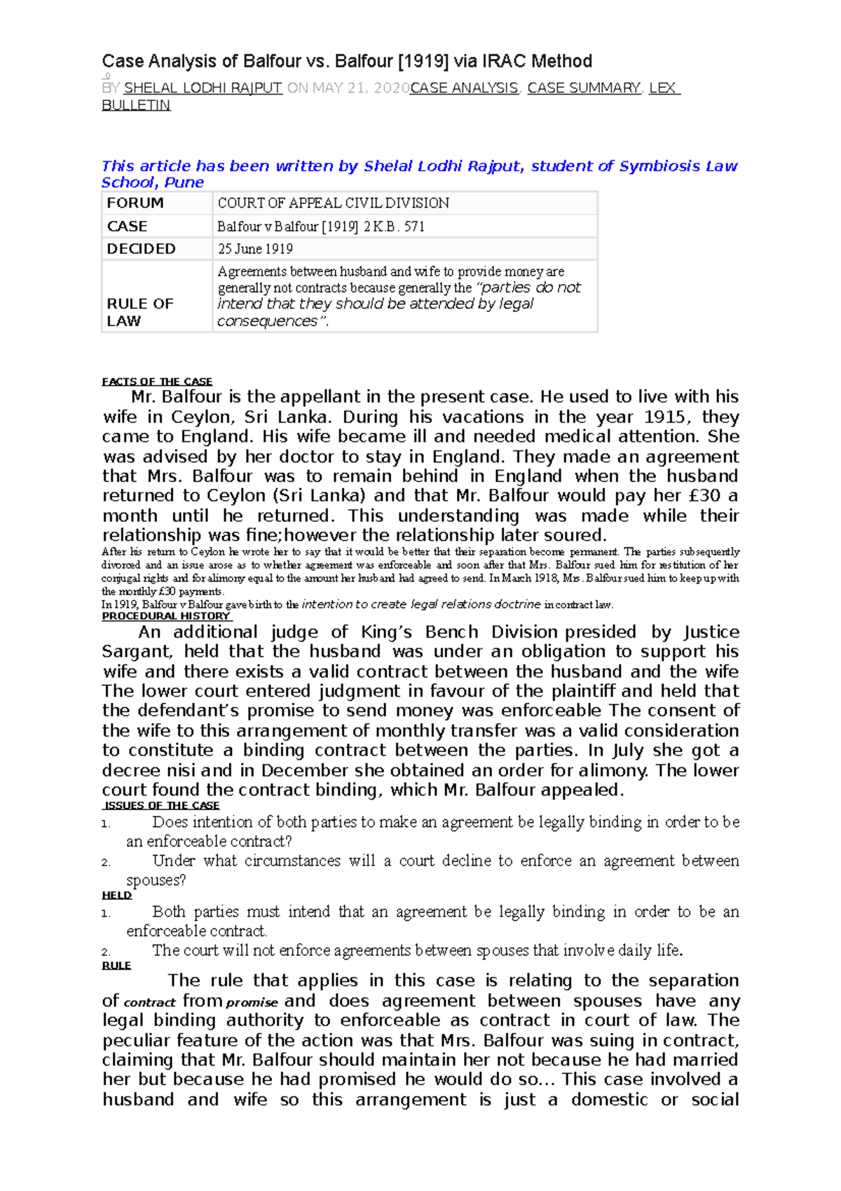 Case Laws Lecture notes 12 Case Analysis of Balfour vs. Balfour