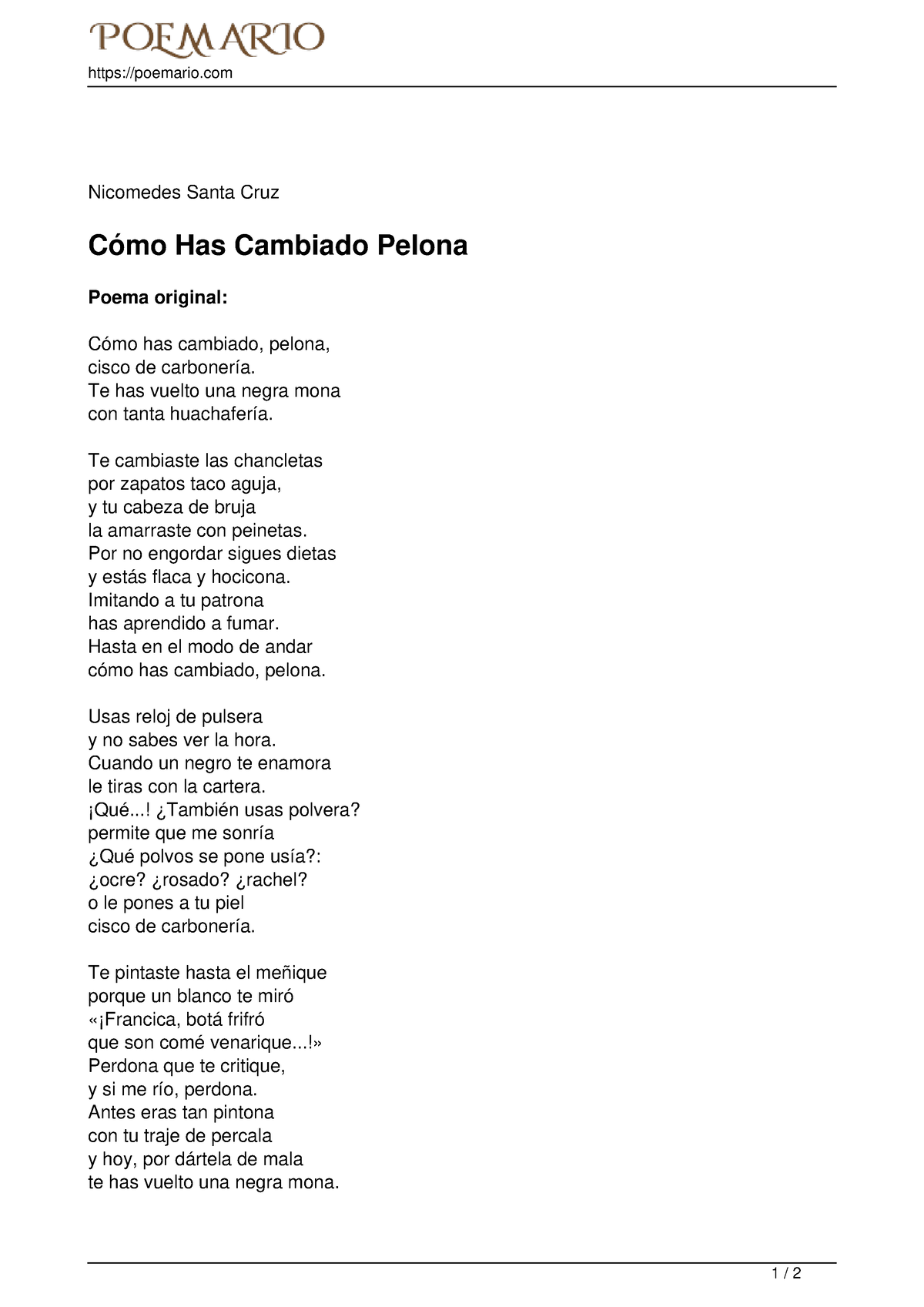 Como has cambiado pelona poemario Nicomedes Santa Cruz C mo Has