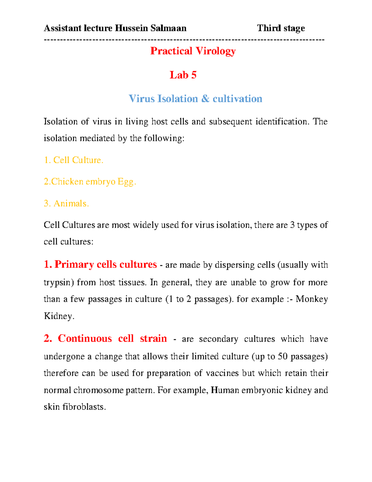Virus Isolation et cultivation - Practical Virology Lab 5 Virus ...