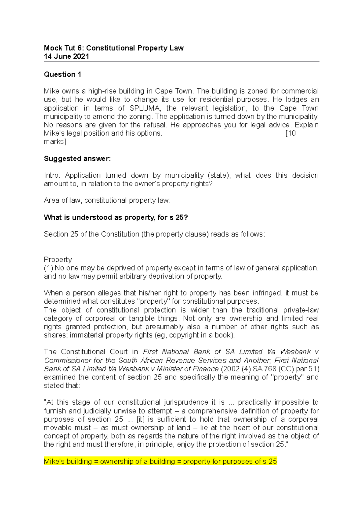 Mock Tut 6 MEMO Deals with constitutional property law questions and