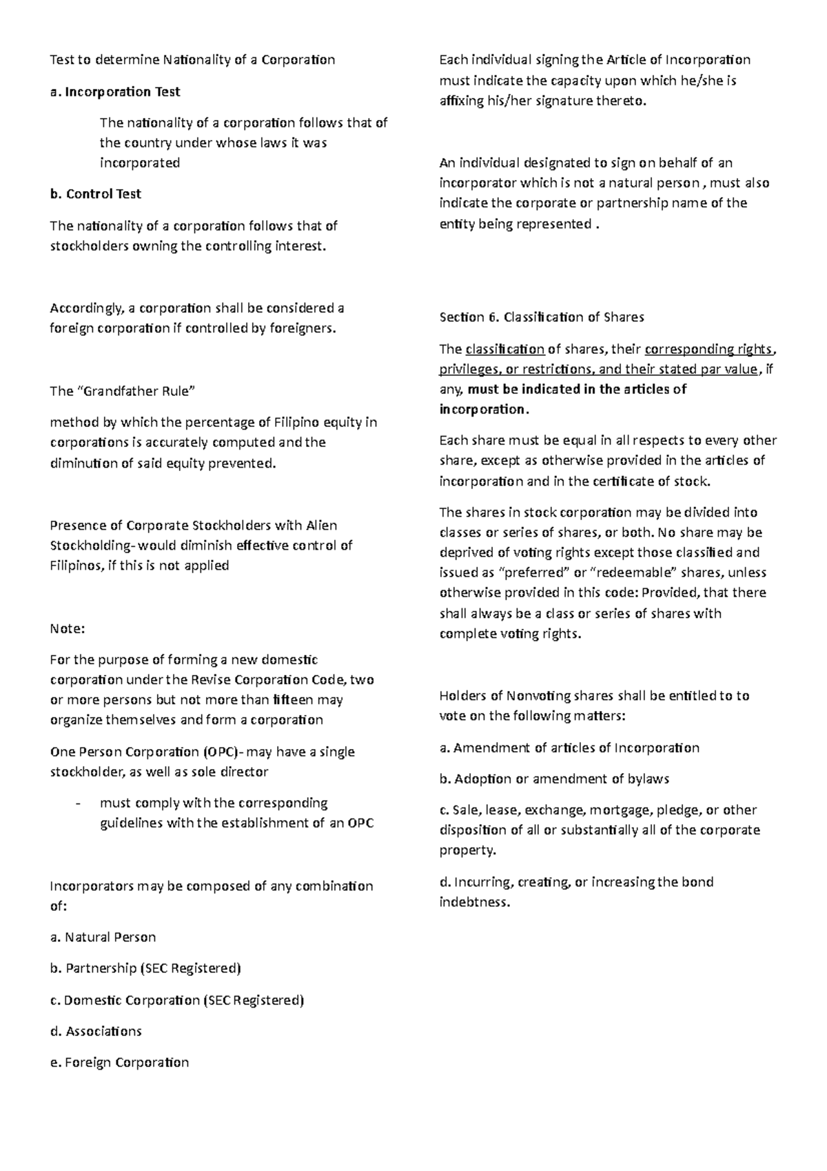 Corporation law - Test to determine Nationality of a Corporation a ...