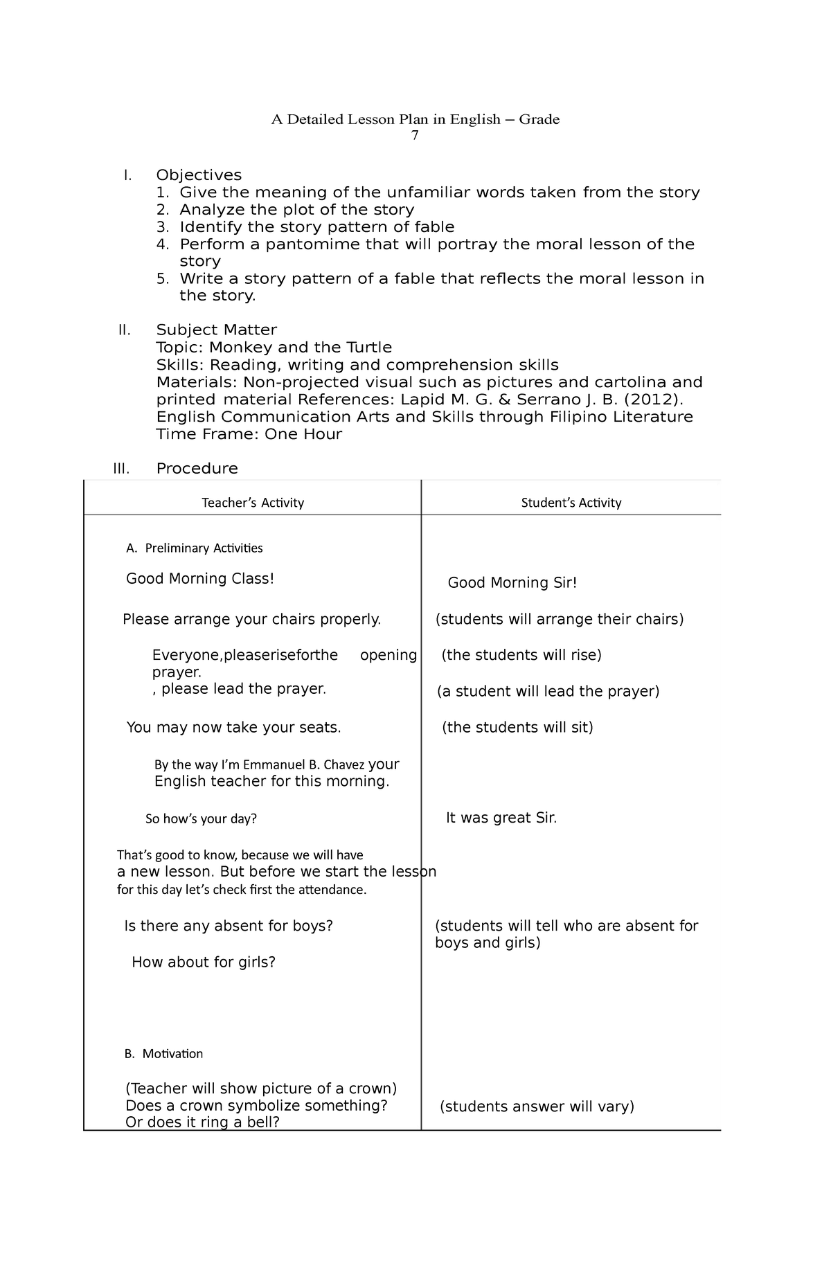 Lesson plan in grade 7 - Teacher’s Activity Student’s Activity A ...