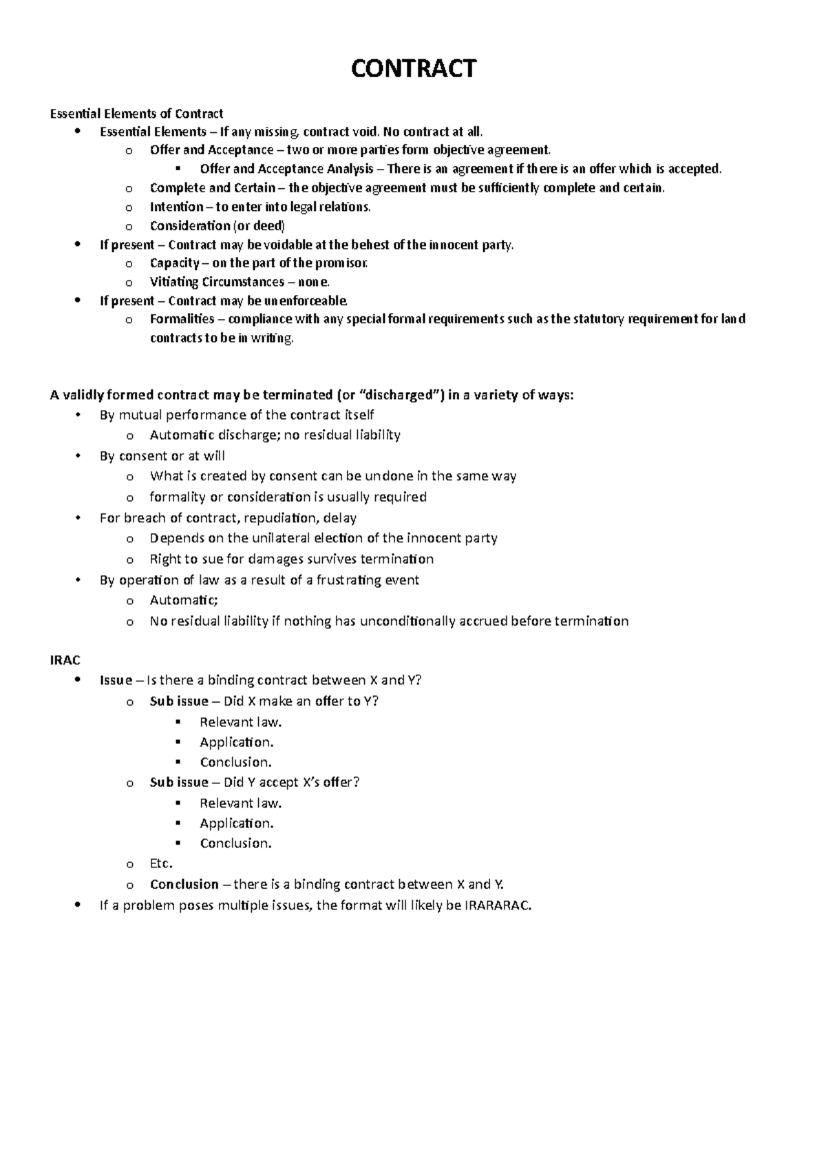 Comprehensive Lecture Notes - CONTRACT Essential Elements of Contract ...