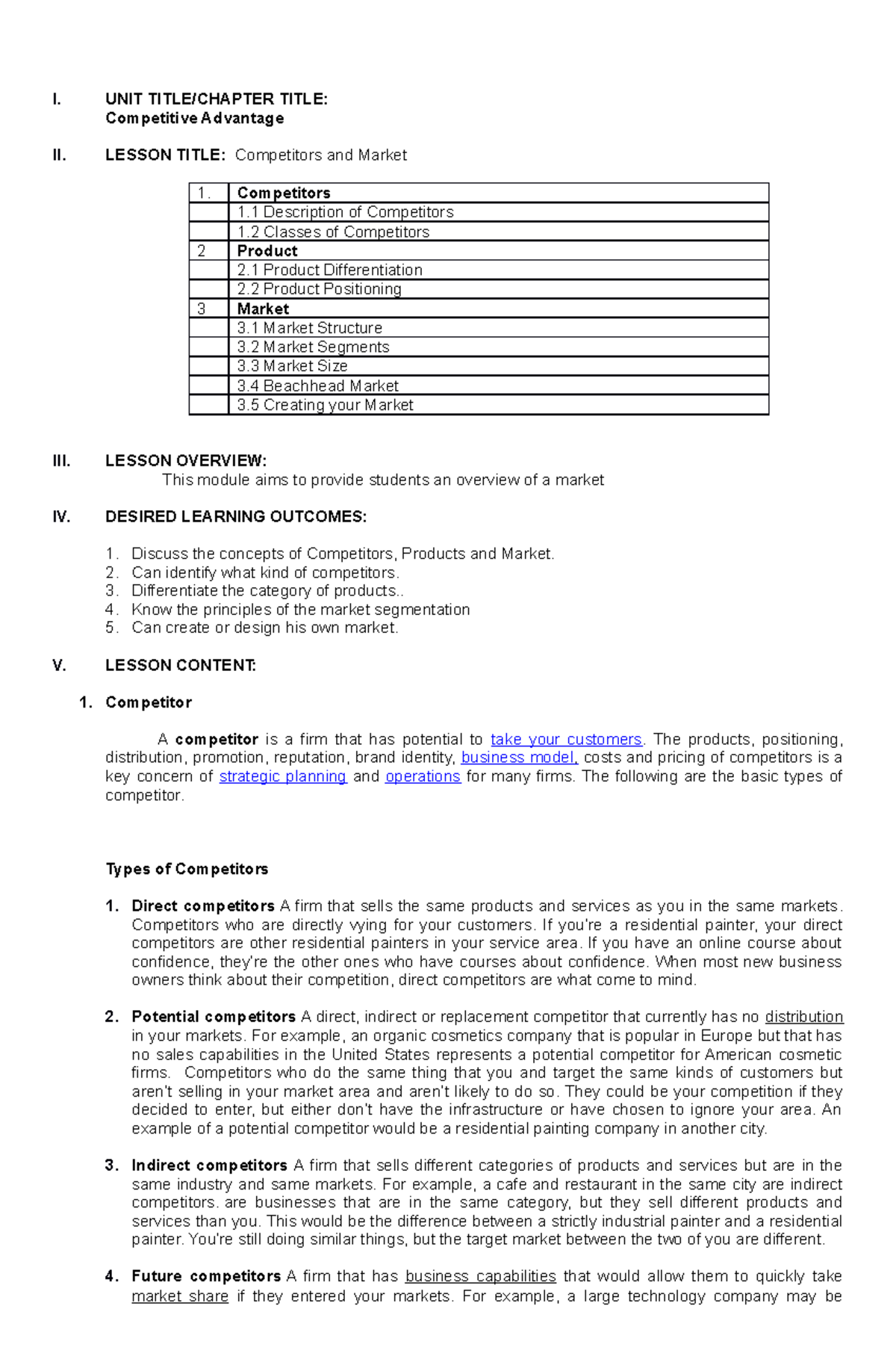 Competitive Advantage - I. UNIT TITLE/CHAPTER TITLE: Competitive ...