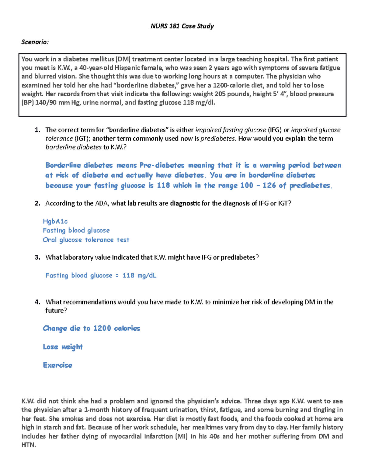Diabetes Case Study Student Copy NURS 181 Case Study Scenario You