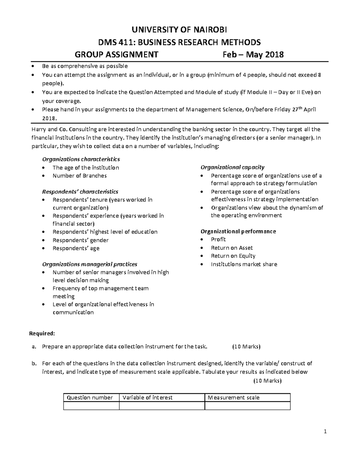 DMS 411 Class Assignment Feb May 2018 1 UNIVERSITY OF NAIROBI DMS