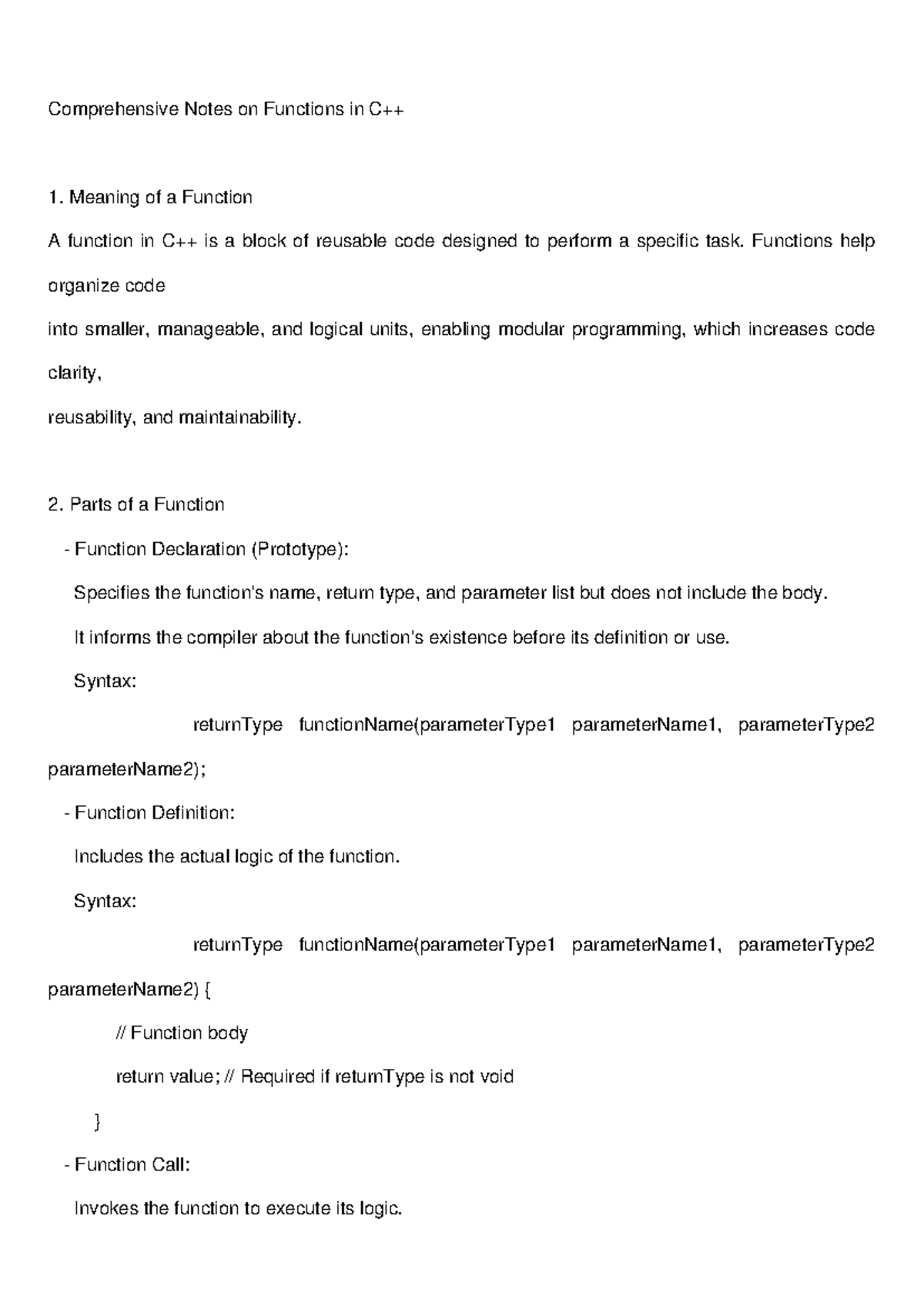 Functions in C++ - Data types And variables - Comprehensive Notes on ...