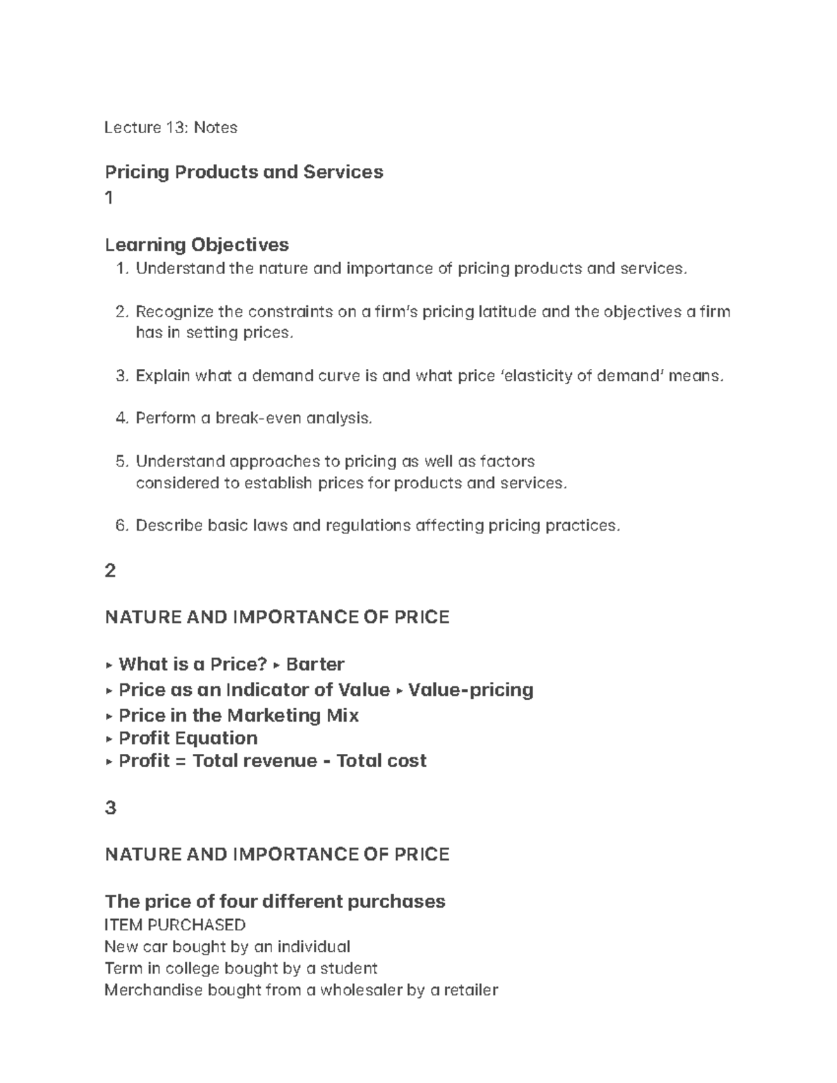 Lecture 13: Notes - Pricing Products and Services - Lecture 13: Notes ...
