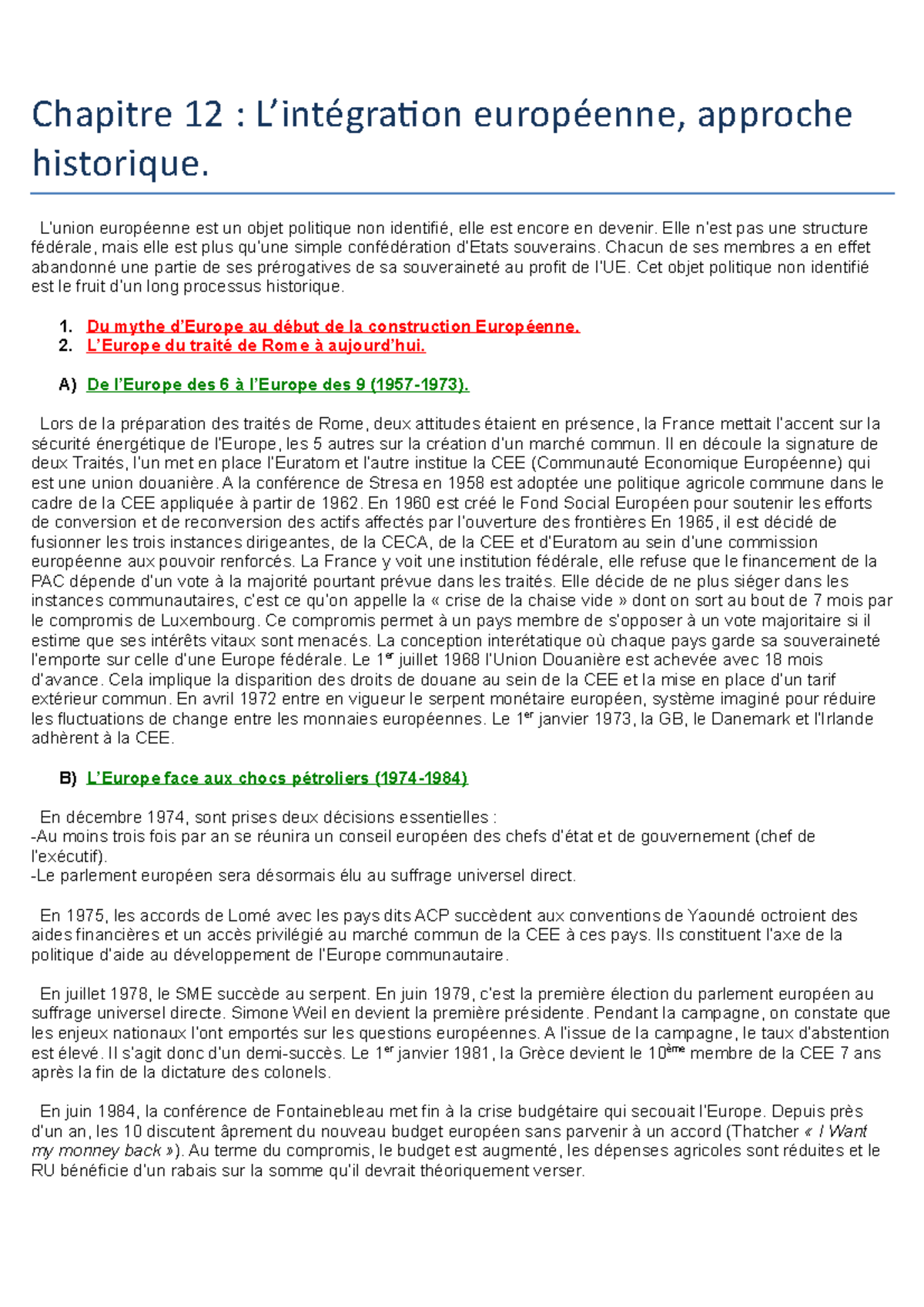 Chapitre 12 L’intégration européenne, approche historique Chapitre 12