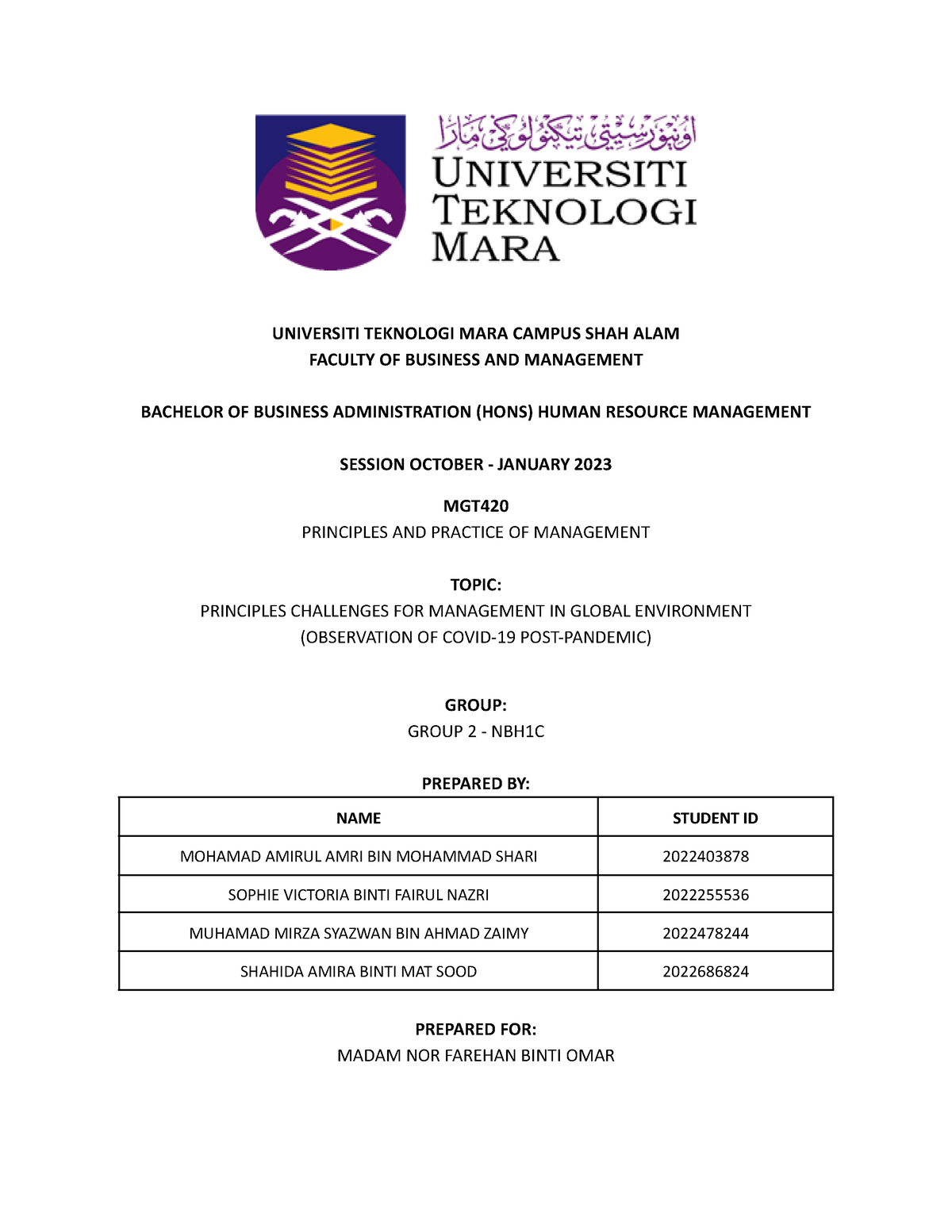 Group Assignment MGT420 (Group 2) - UNIVERSITI TEKNOLOGI MARA CAMPUS ...