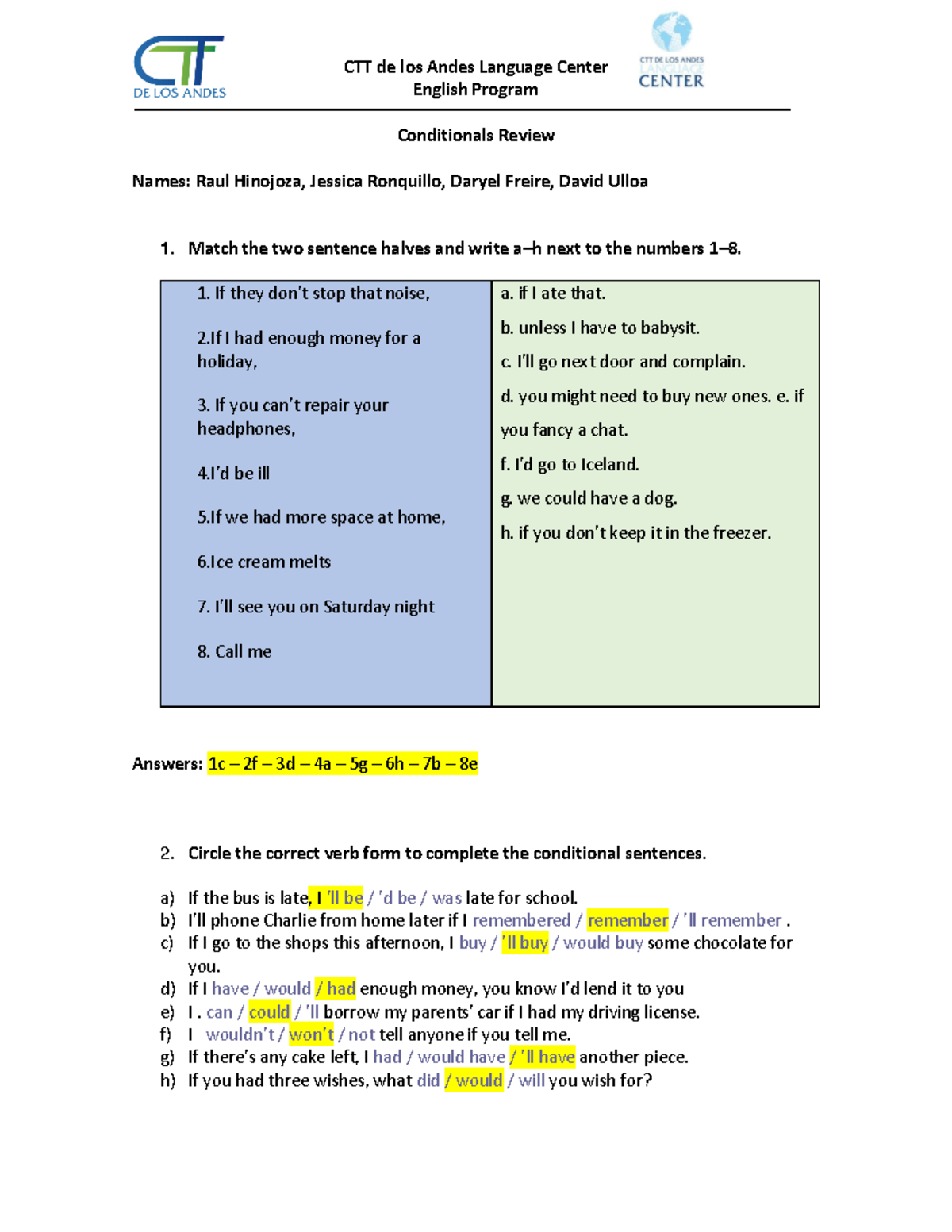 Conditionals Review-Grupo 6 - CTT de los Andes Language CenterEnglish ...