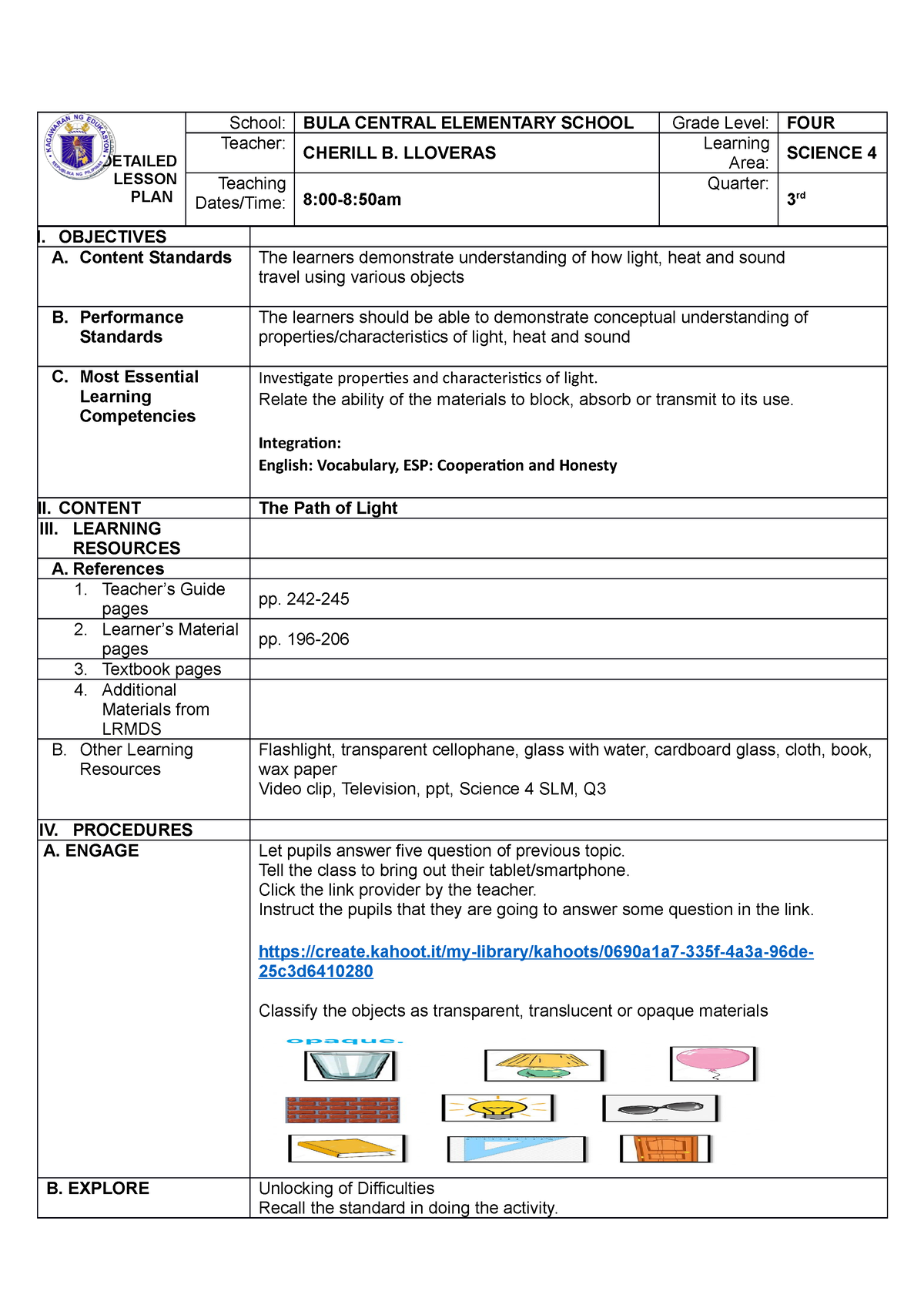 COT Q3 Science Transparent Translucent Opaque - Health education - Studocu