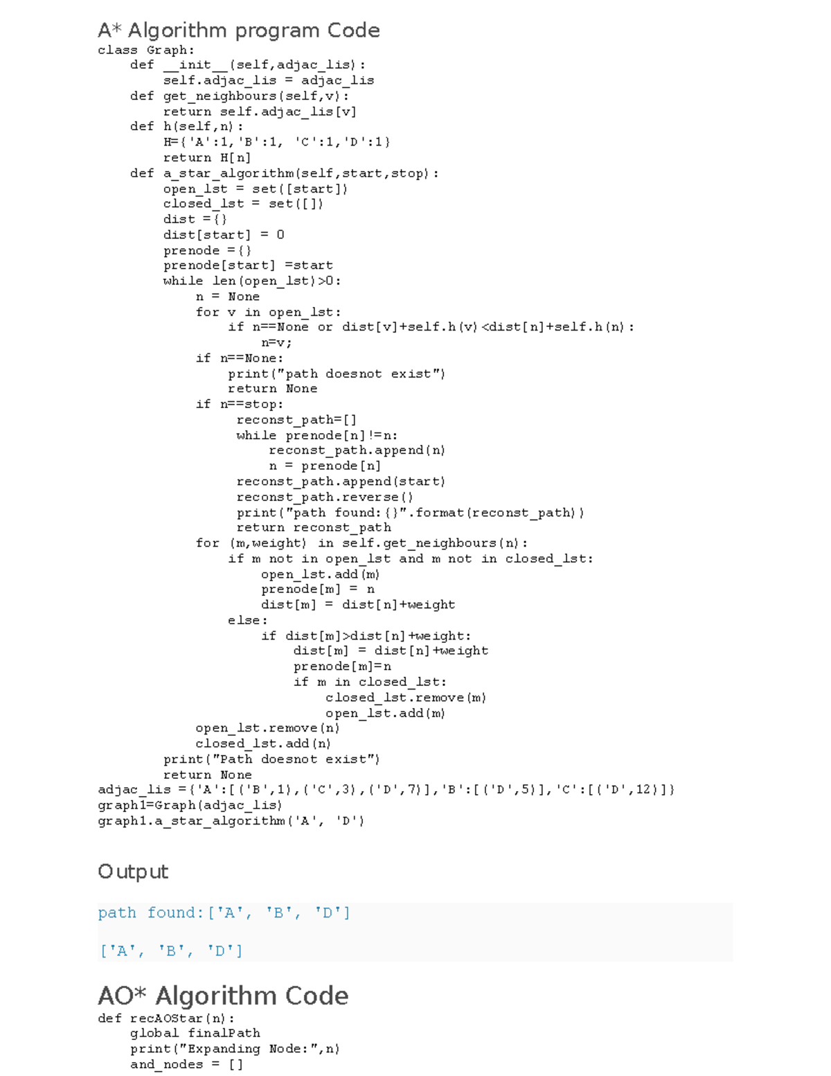 AI&ML - do not refer - A* Algorithm program Code class Graph: def init ...