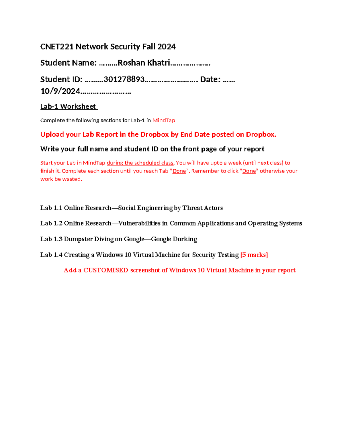 Lab1 Worksheet Network Security Fall 2024 Student Name