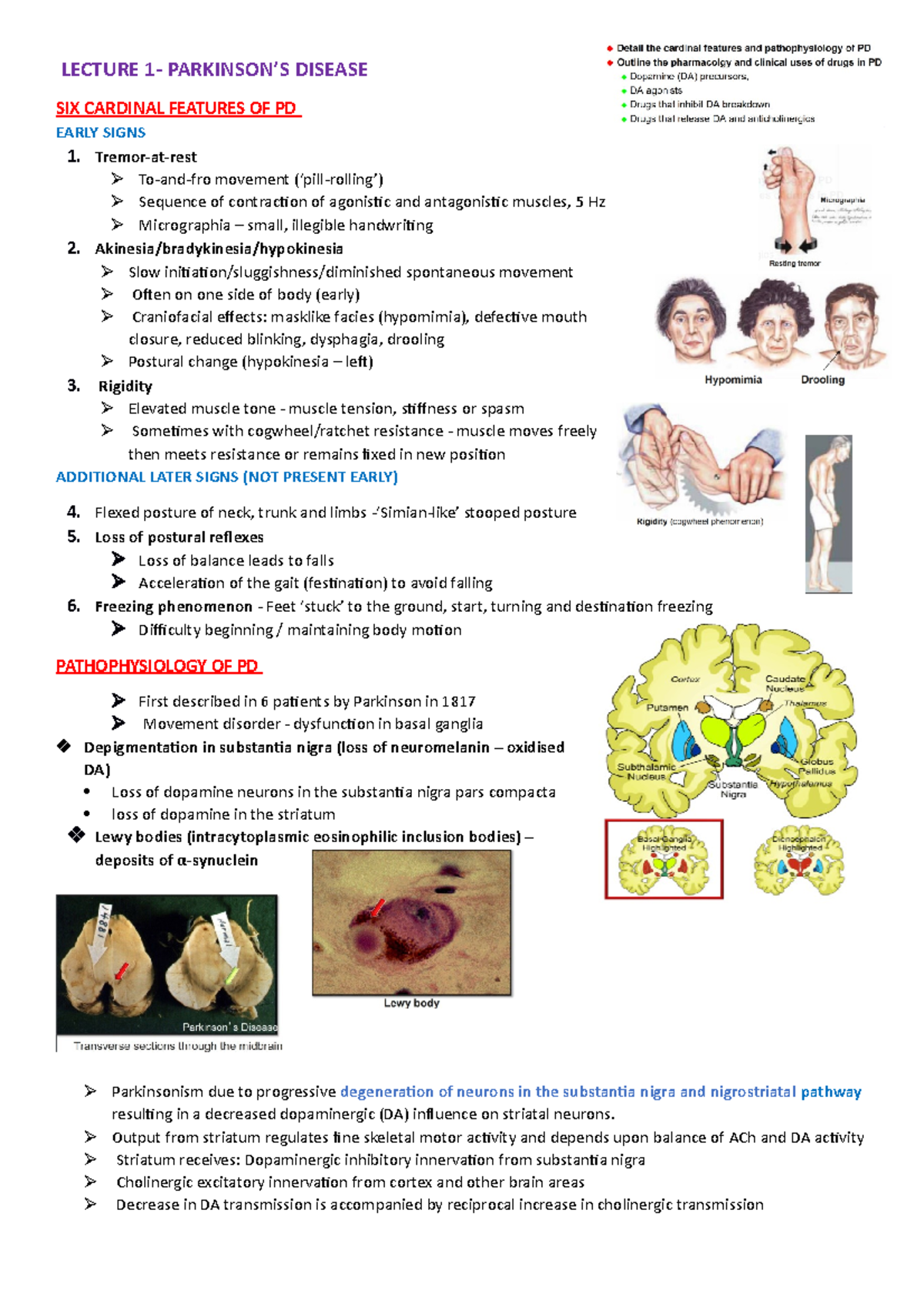 Pharm 2- Module 1. final - LECTURE 1- PARKINSON’S DISEASE SIX CARDINAL ...