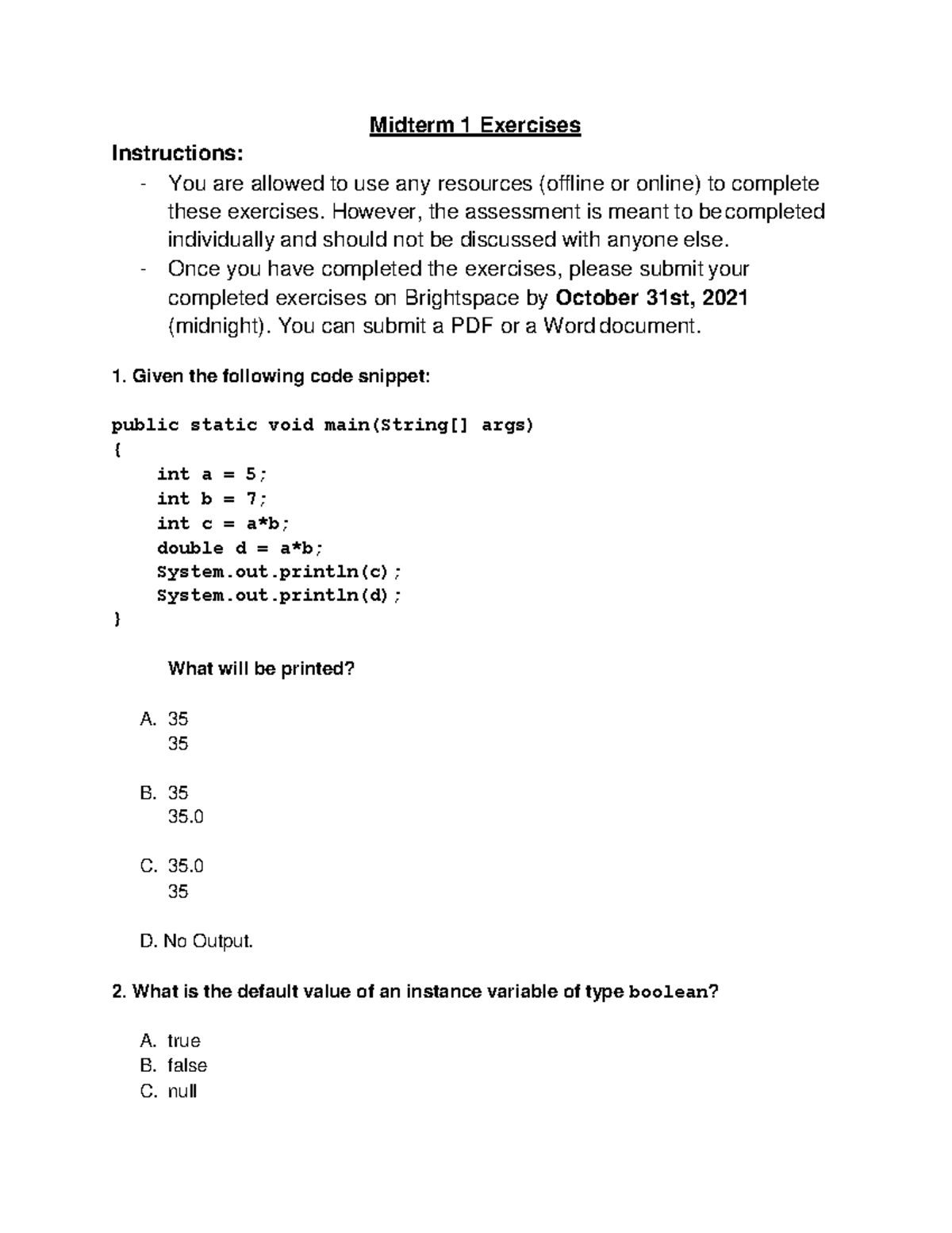 Midterm 1 Exercises - 2020 - Midterm 1 Exercises Instructions: You Are ...