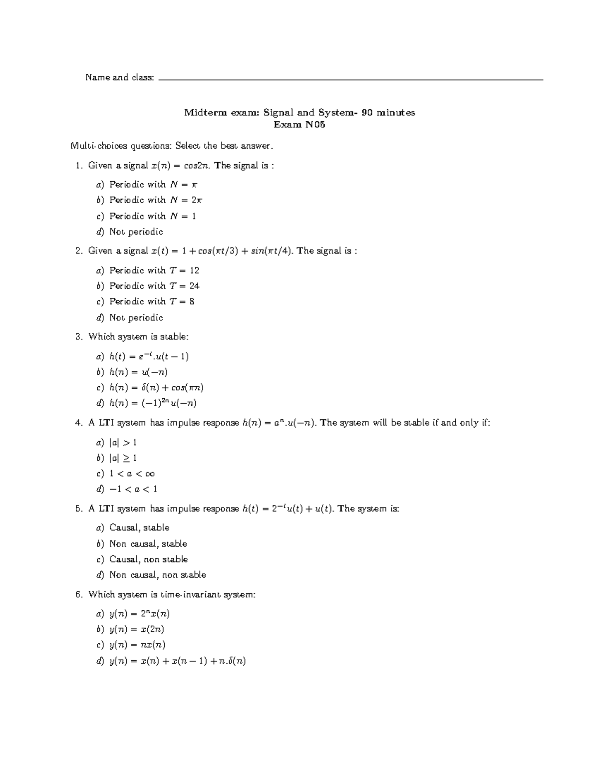 2018-2019 mid5 - Quiz - Name and class: Midterm exam: Signal and System ...