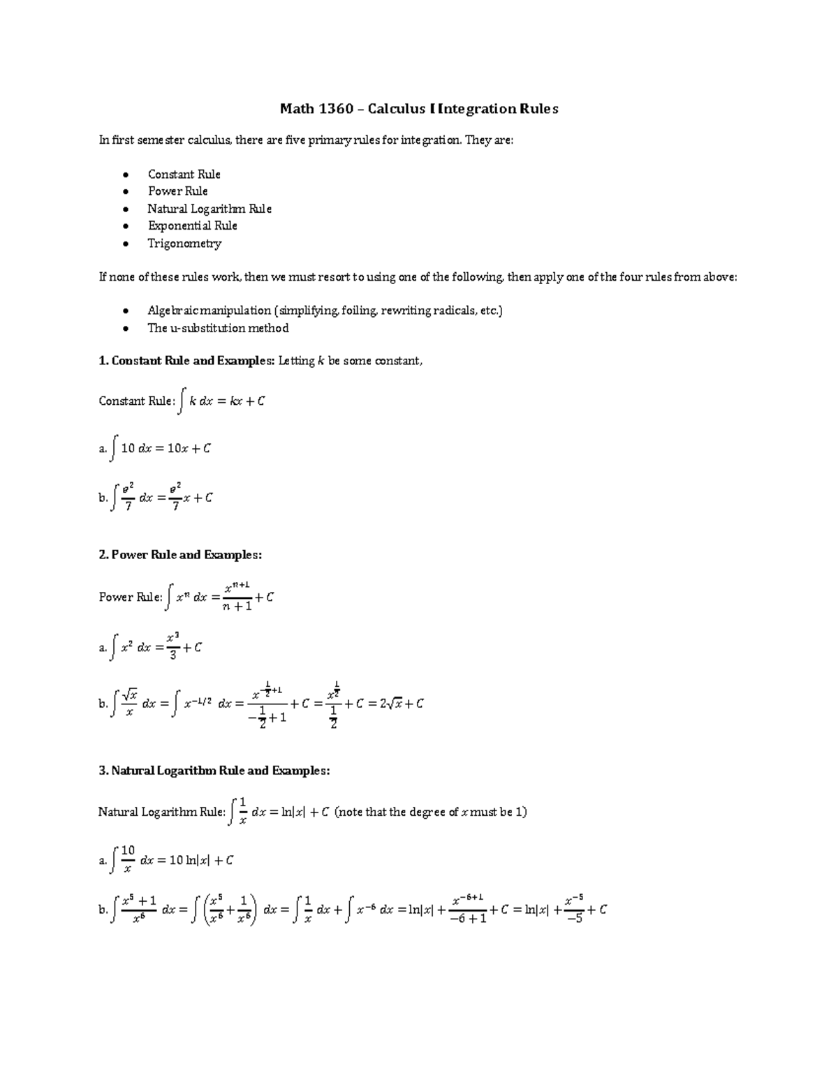 Math 1360 – Calc I Integration Rules (Fall 2023) - Math 1360 – Calculus ...