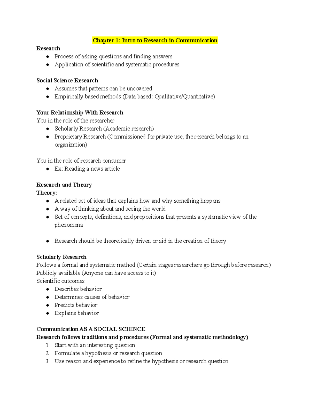 COMM351 Notes Part 1 - Chapter 1: Intro to Research in Communication ...