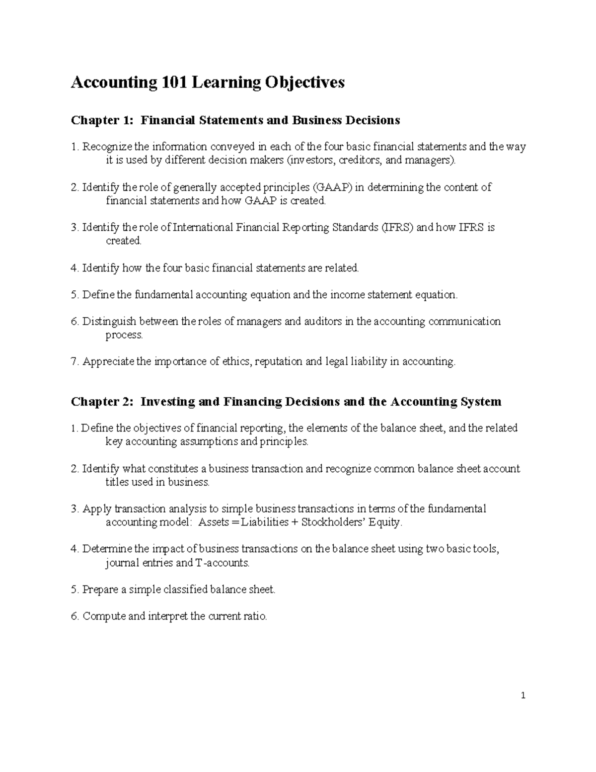 Accounting 101 Chapter Outline - Accounting 101 Learning Objectives ...