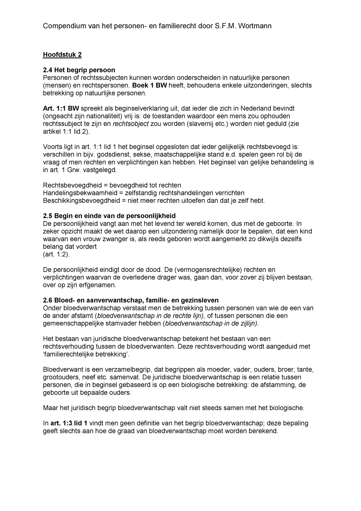 Samenvatting, "Compendium Van Het Personen- En Familierecht", Personen ...