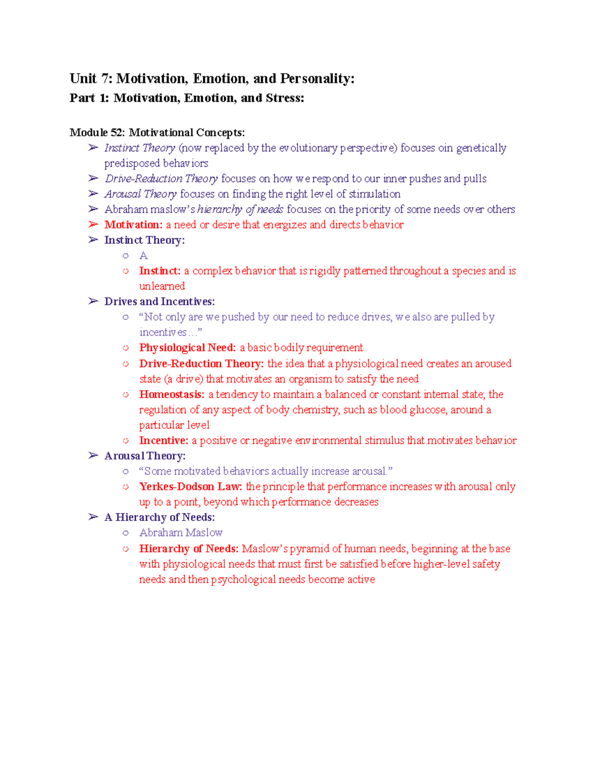 AP Psychology Unit 7, Part 1 Outline - Unit 7: Motivation, Emotion, And ...