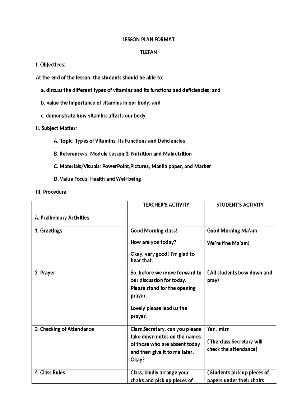 Lesson PLAN Lesson 3 Group 1 Final - LESSON PLAN FORMAT TLEFAN I ...
