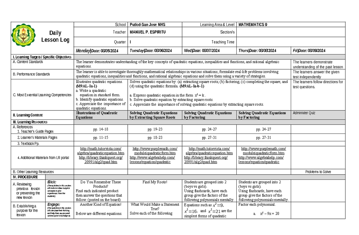 DLL-MATH-9-AUG 5-9 - mathematics 9- dll - Daily Lesson Log School ...
