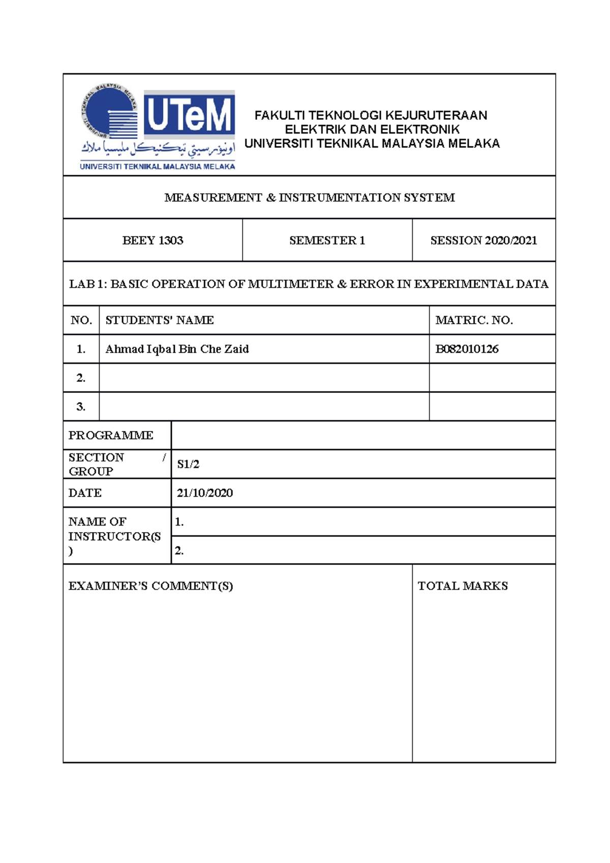 LAB 1 Basic Operation Of Multimeter Error In Experimental Data