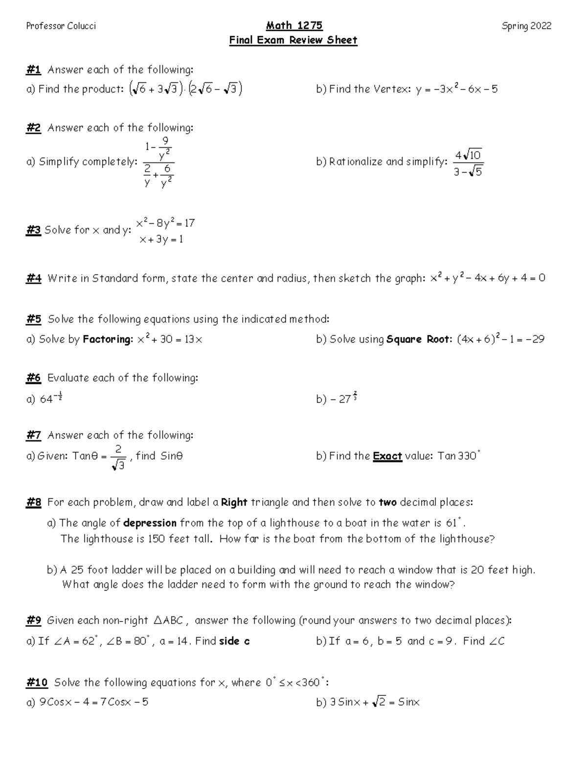 Review Final - Professor Colucci Math 1275 Spring 2022 Final Exam ...