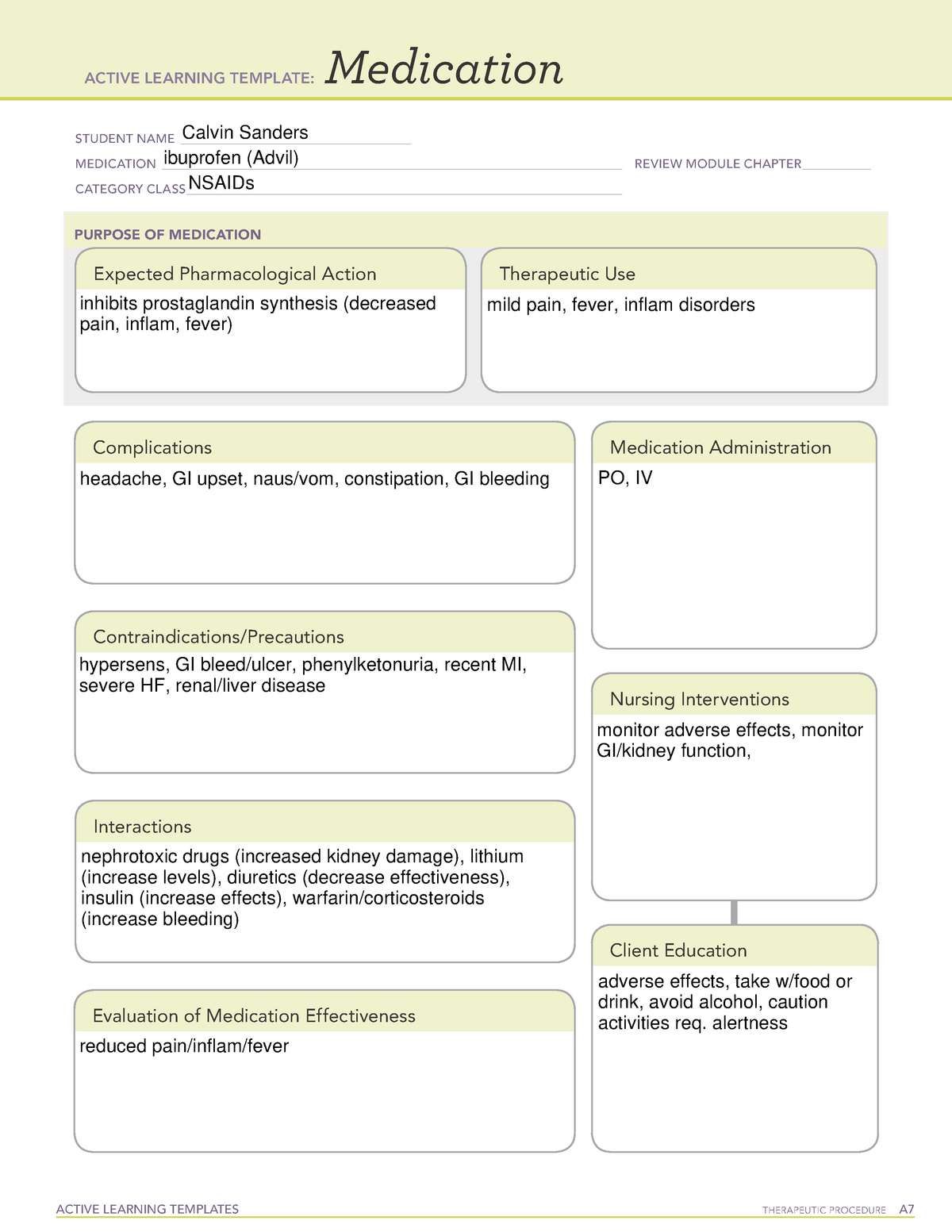 Ibuprofen Med Sheet ATI template System disorders: Peptic Ulcer