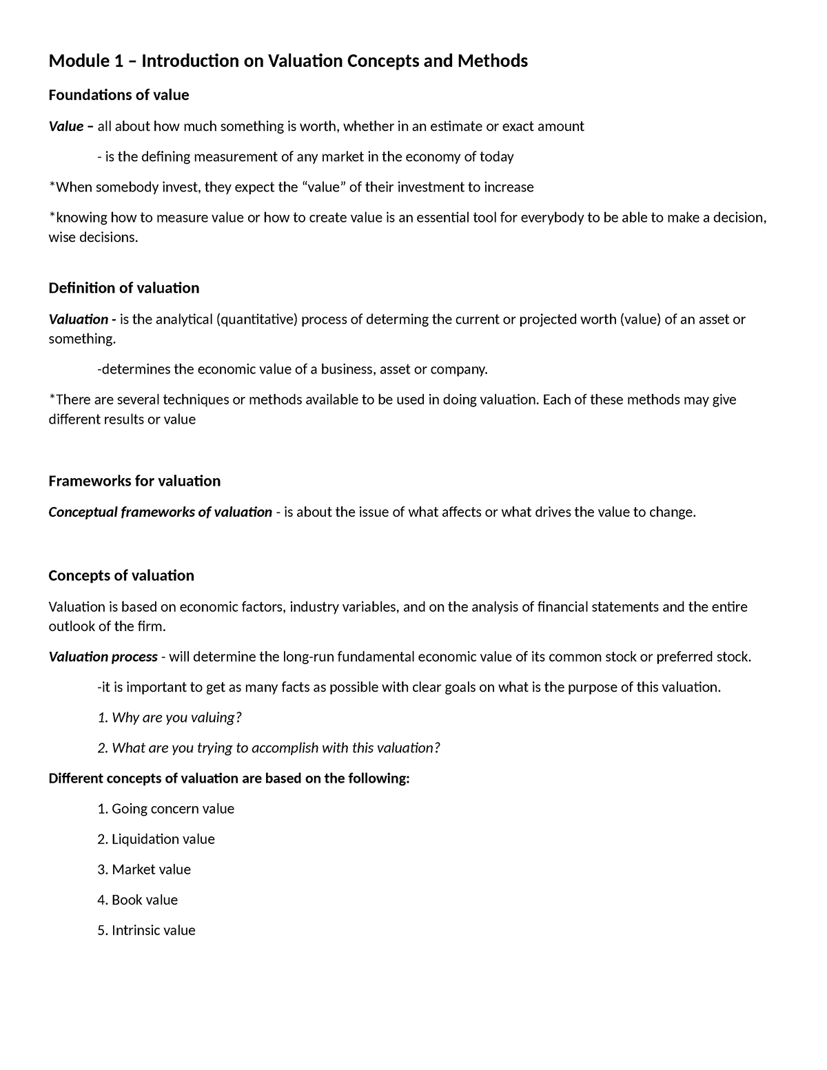 Module 1 – Introduction On Valuation Concepts And Methods - Module 1 ...