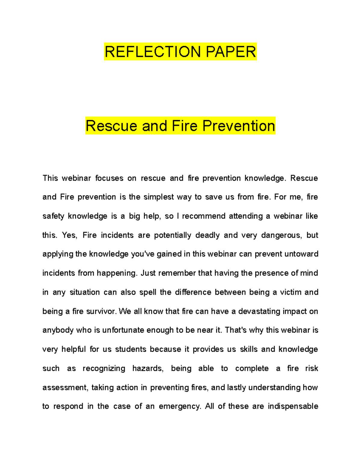 NSTP 9 Reflection Paper Rescue and Fire Prevention REFLECTION PAPER Rescue and Fire