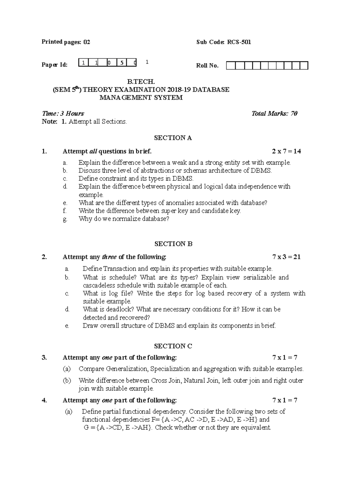 Btech cs 5 sem database management system rcs 501 2018 19 - Printed ...