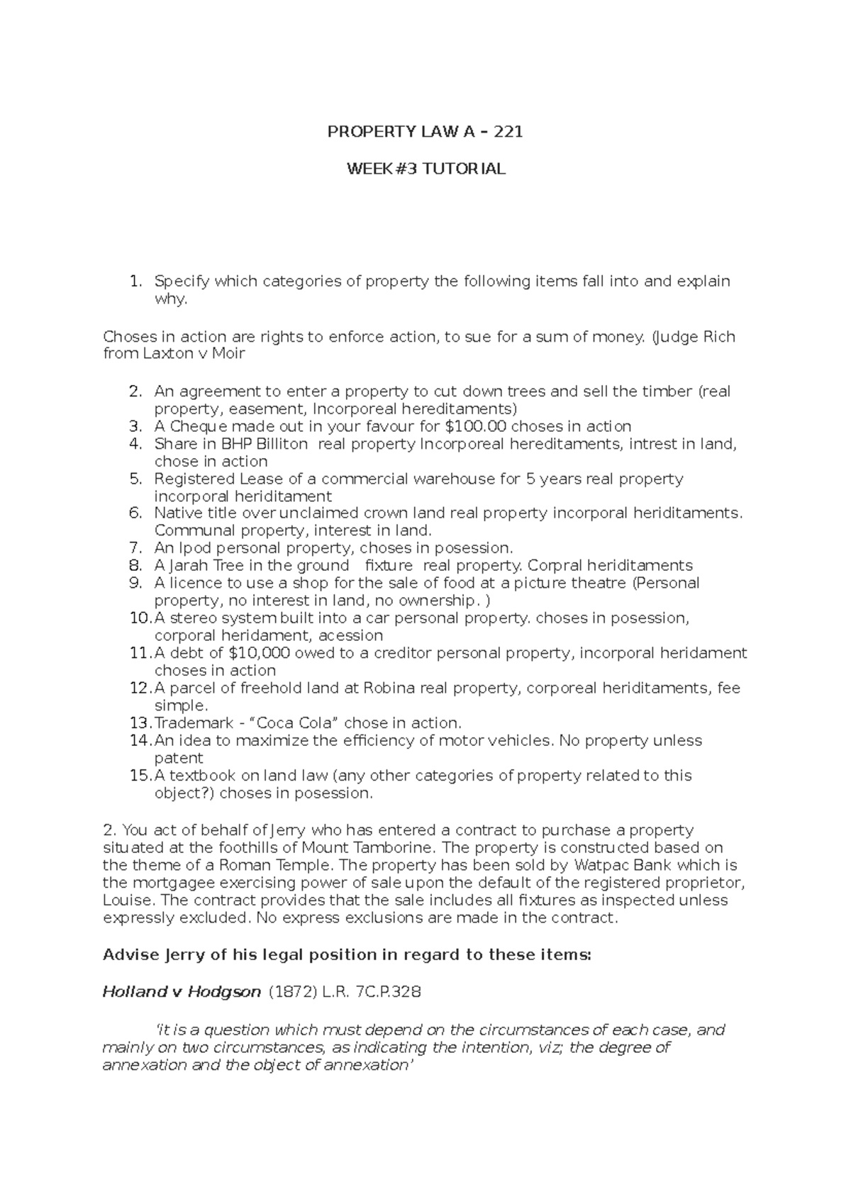 Week 3 Tutorial #2 - Prop A - PROPERTY LAW A – 221 WEEK#3 TUTORIAL ...