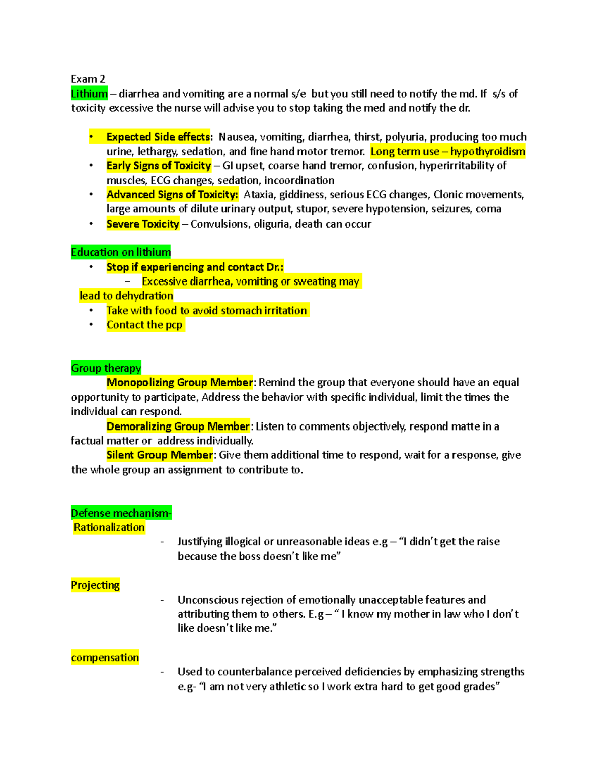 Exam 2 study guide - notes - Exam 2 Lithium – diarrhea and vomiting are ...