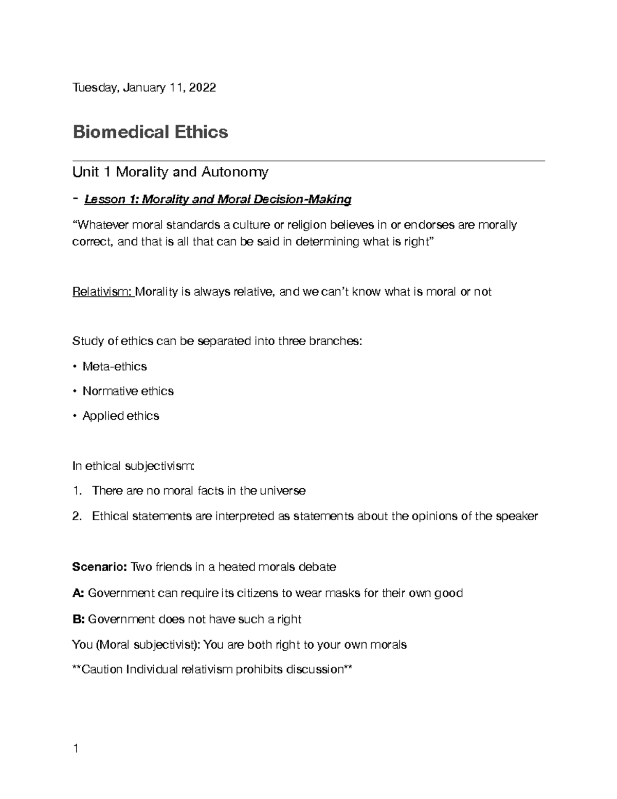 Biomedical Ethics notes - Tuesday, January 11, 2022 Biomedical Ethics ...